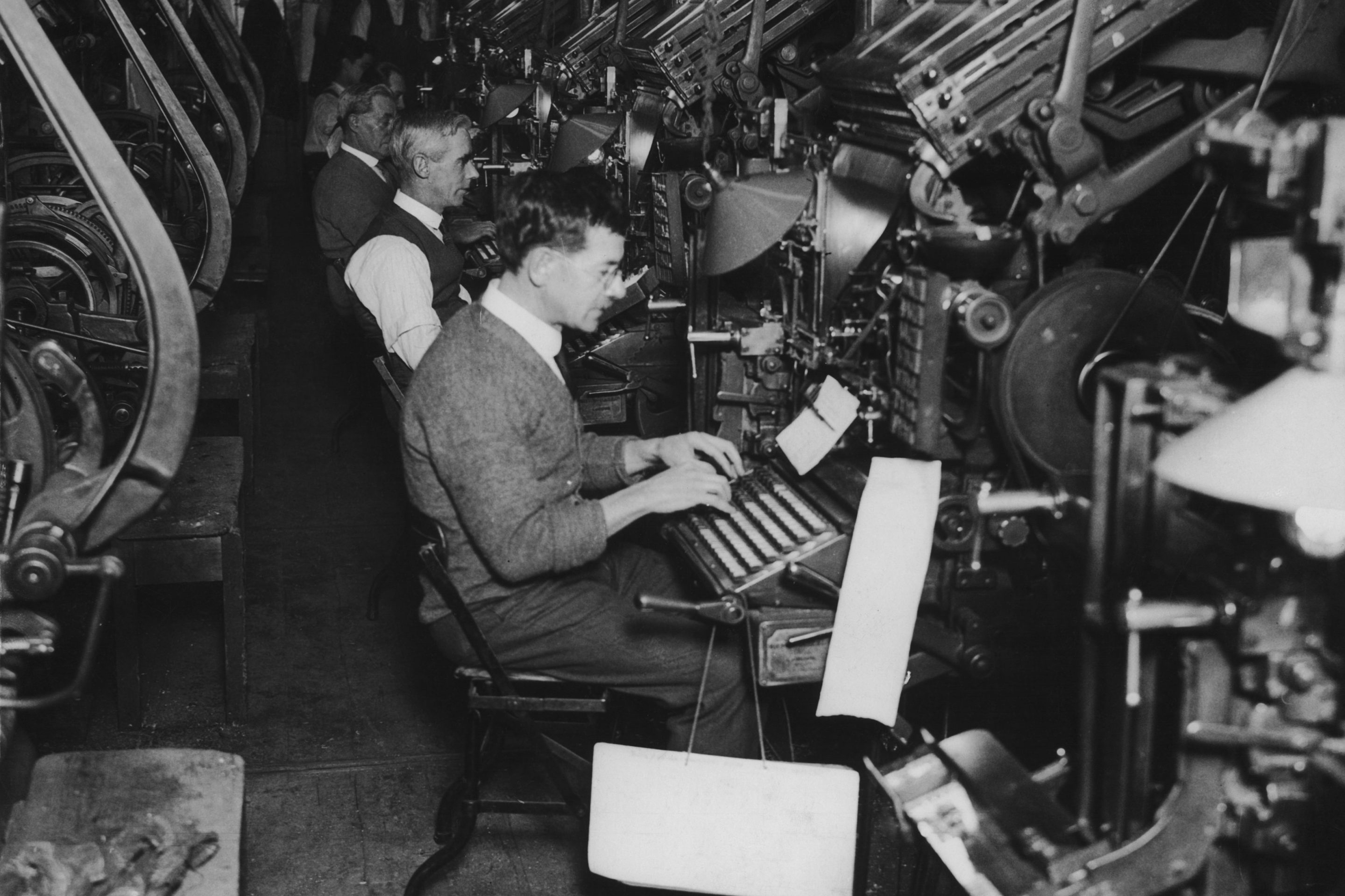 The linotype department of a large London newspaper, circa 1930.