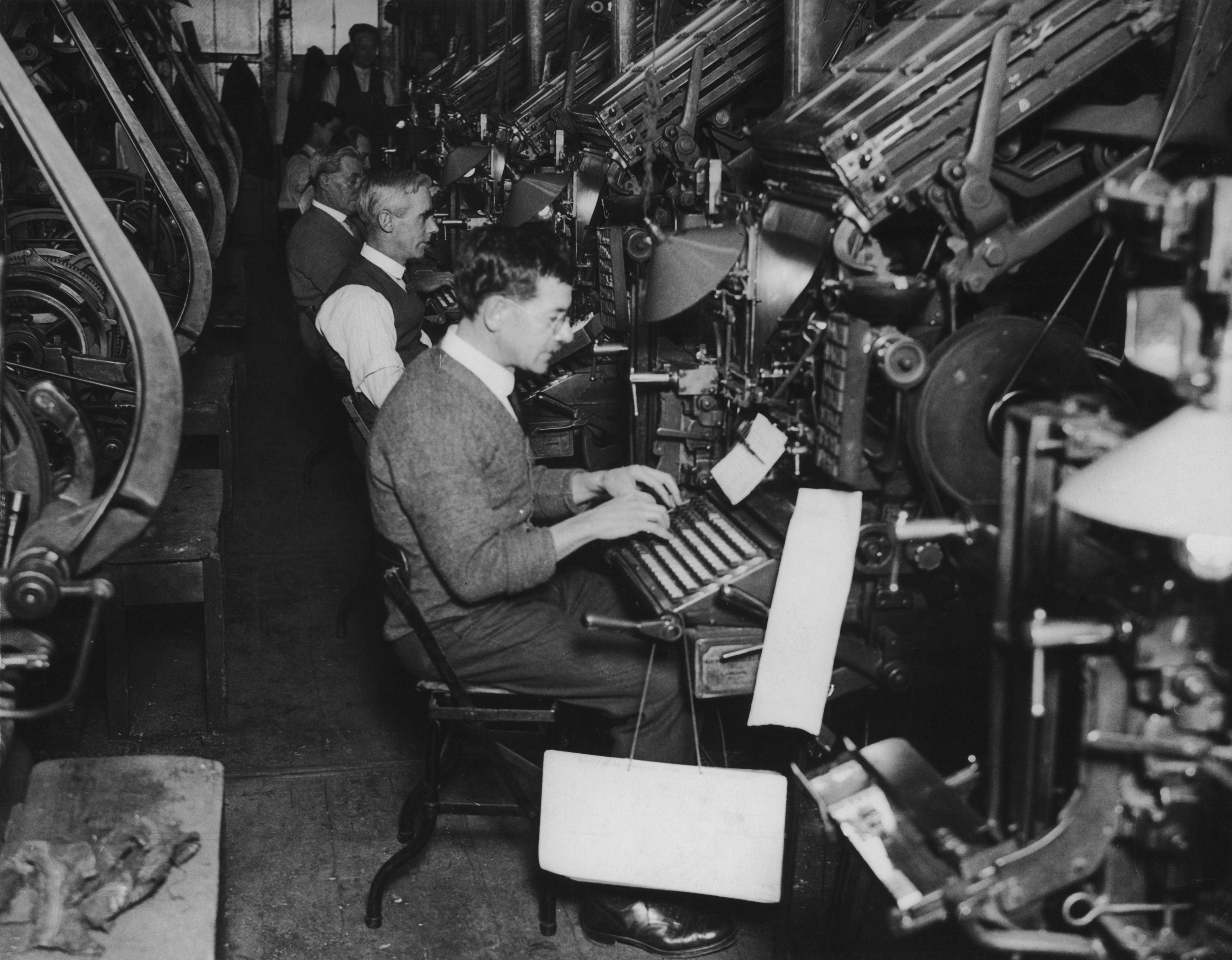 The linotype department of a large London newspaper, circa 1930.