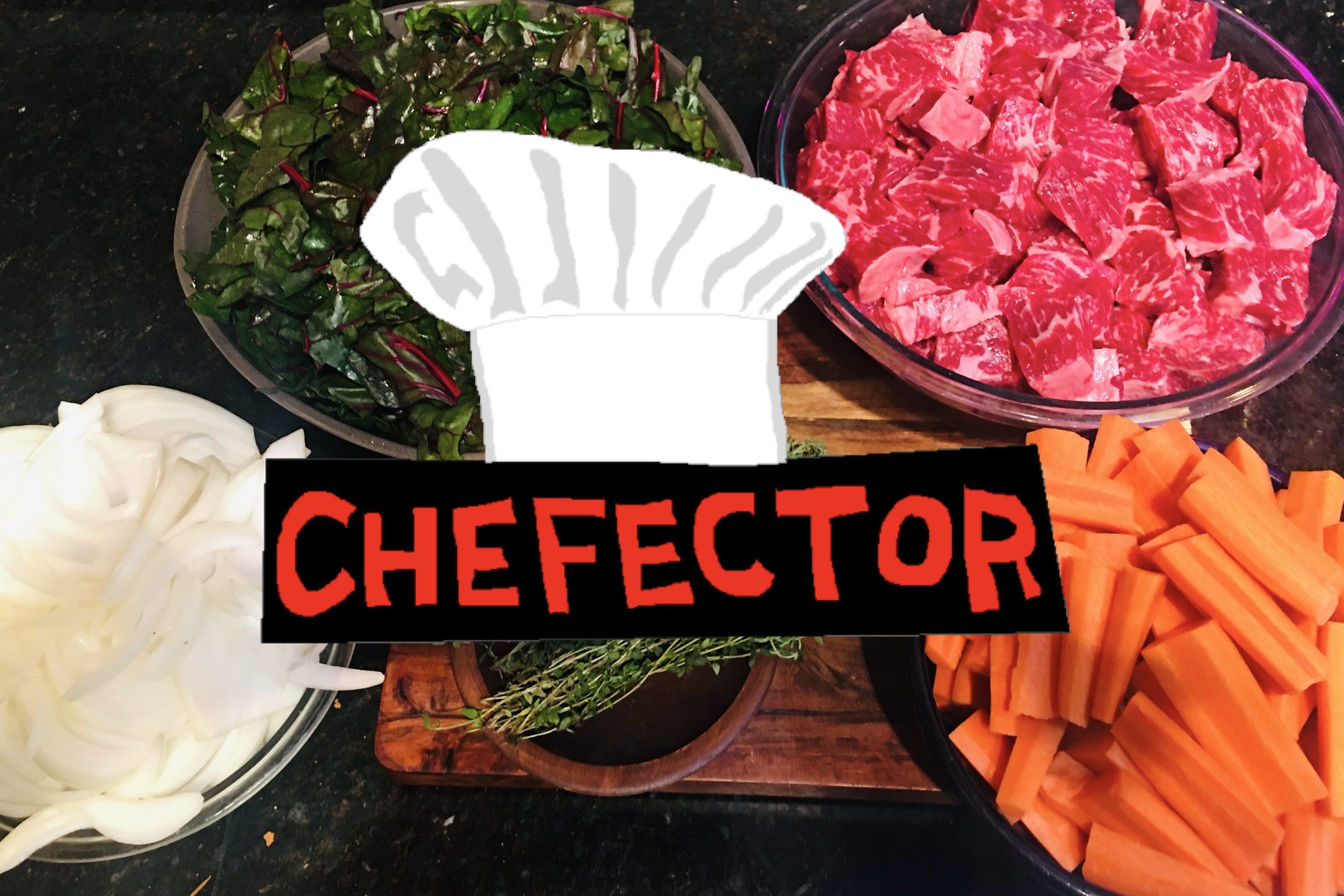Beef stew ingredients, in bowls, on countertop, with "Chefector" badge in front