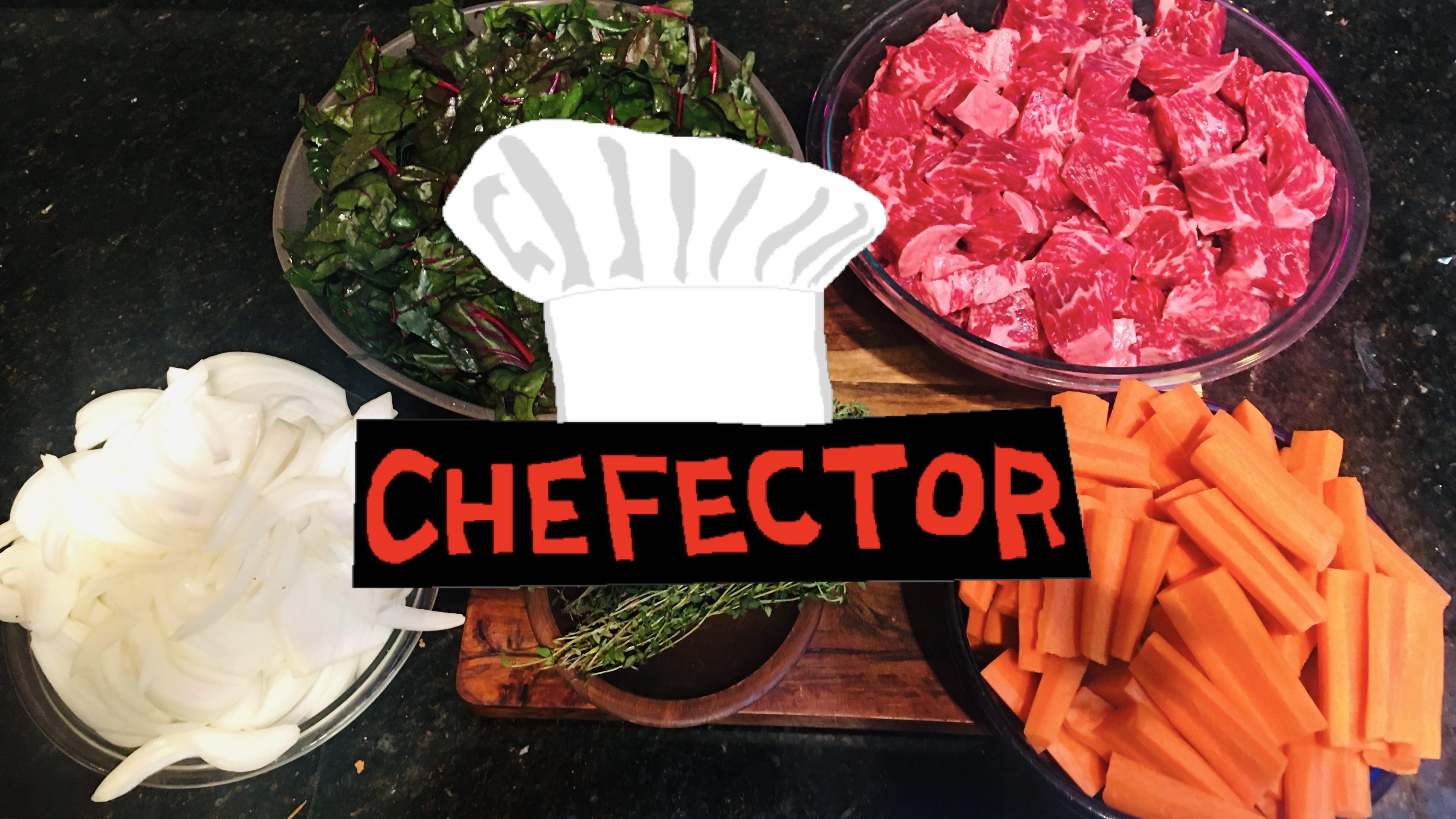 Beef stew ingredients, in bowls, on countertop, with "Chefector" badge in front
