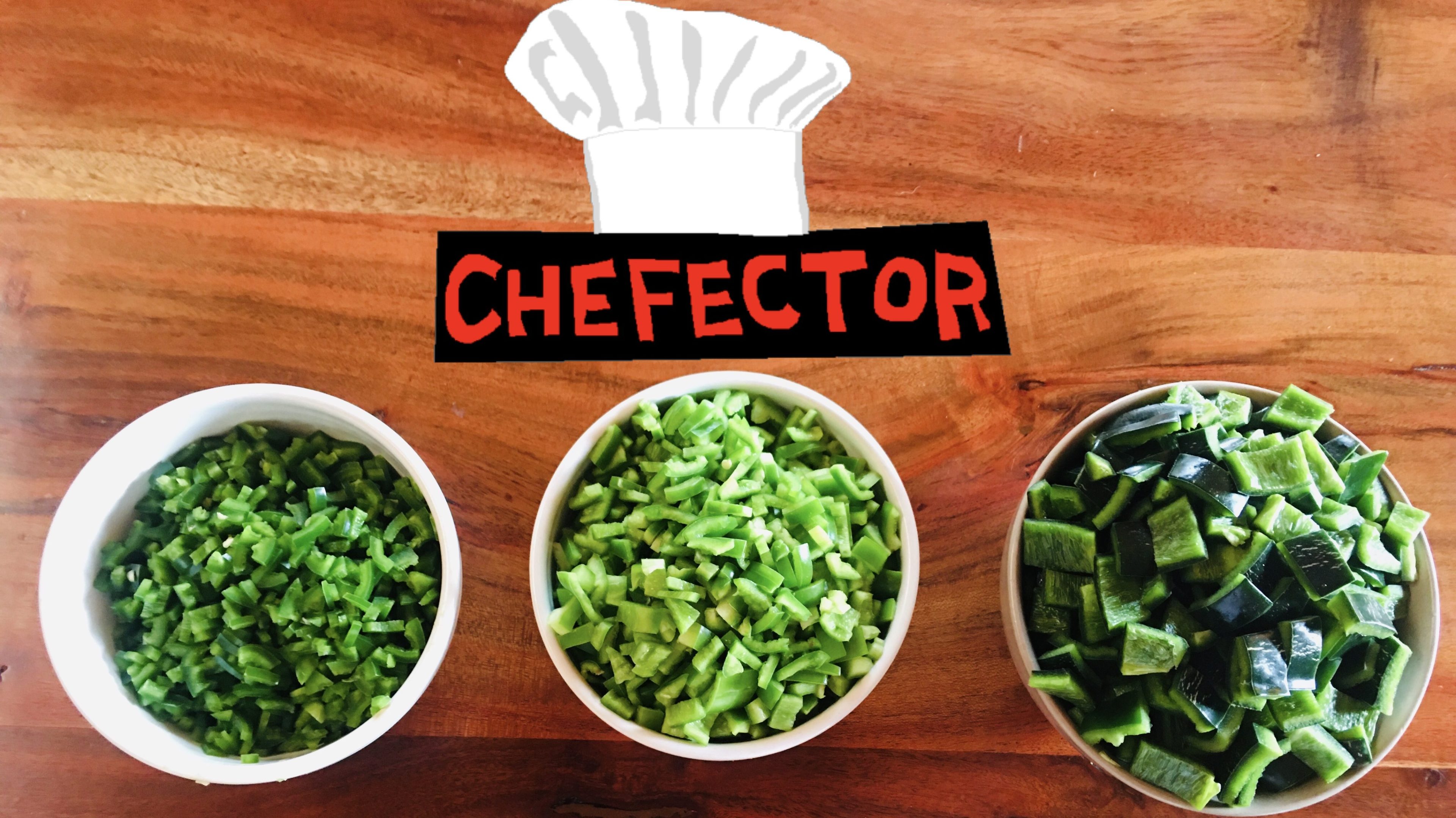 Jalapeno, Anaheim, and Poblano peppers, chopped in bowls