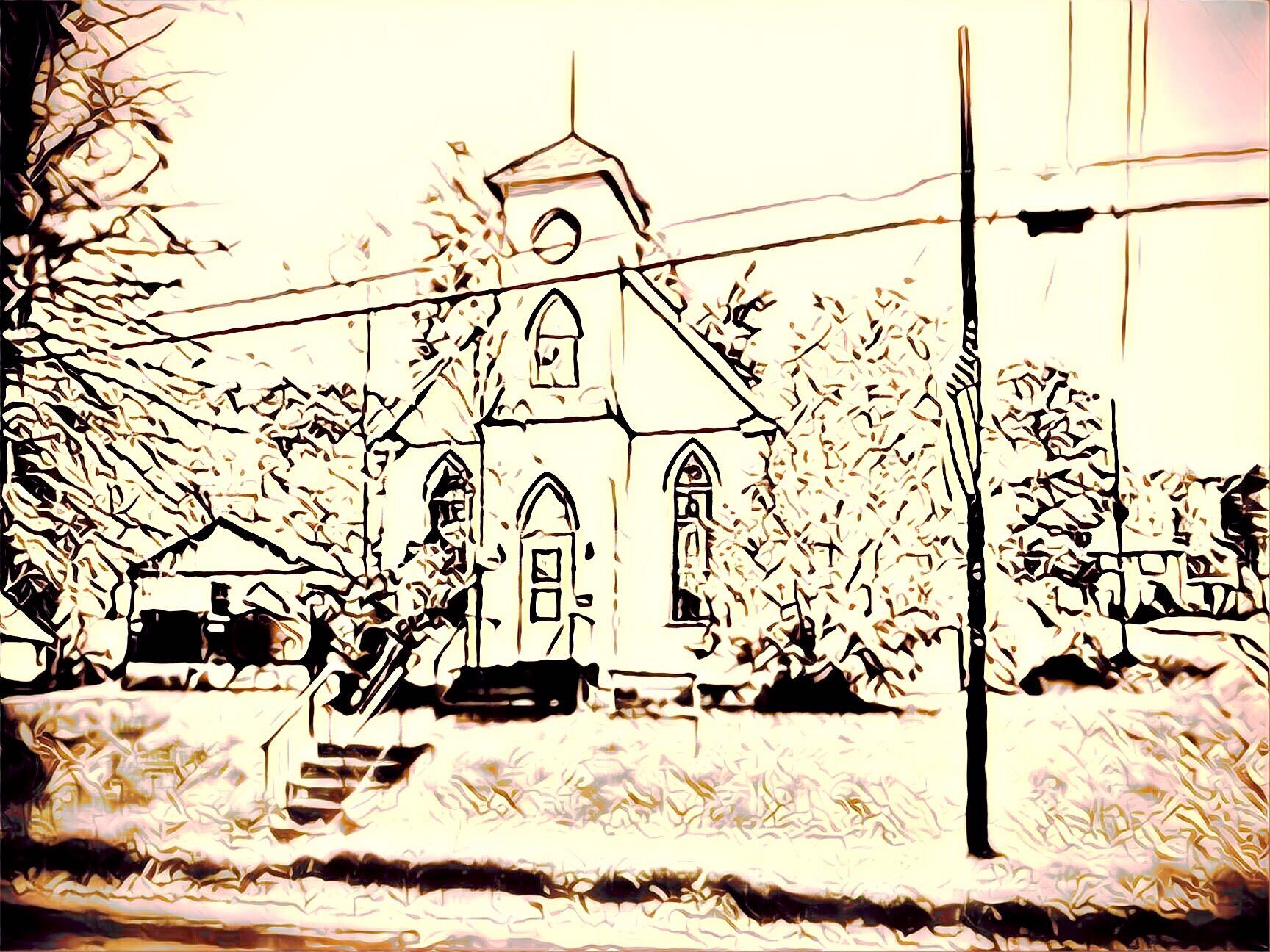 overexposed line drawing of a church