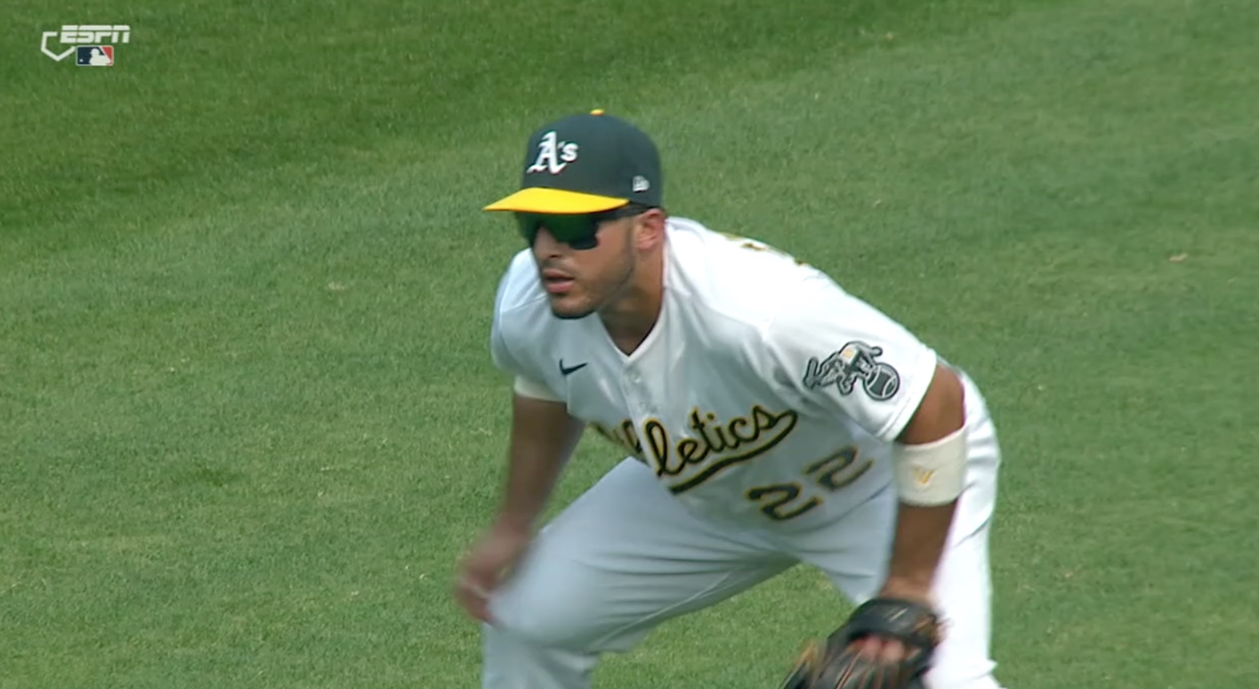 Laureano gets ready in the outfield.