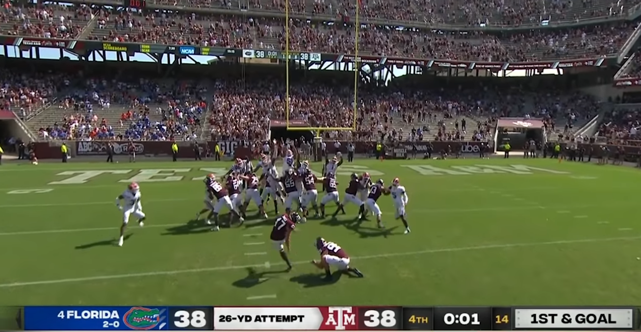 Texas A&M attempts a field goal against Florida in front of a crowd of 24,709