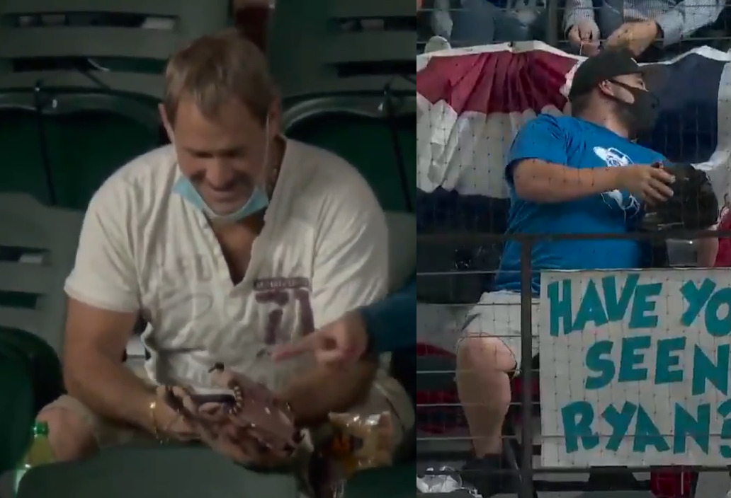 split screen of two fans at the World Series, one with a face mask and one without