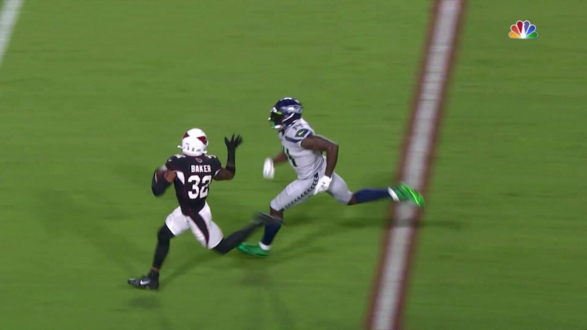 Seattle Seahawks receiver D.K. Metcalf closes in on his prey.