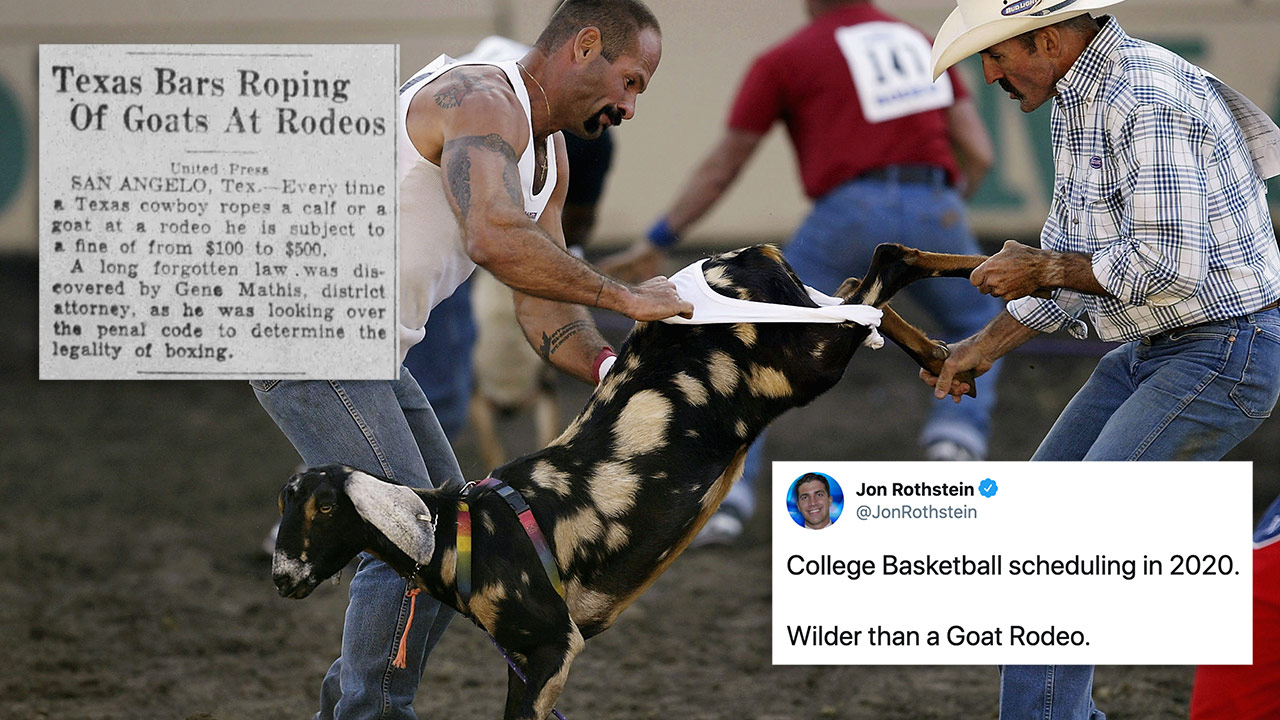 A goat rodeo, with a tweet from Jon Rothstein on it, it says "College basketball scheduling in 2020: Wilder than a goat rodeo"