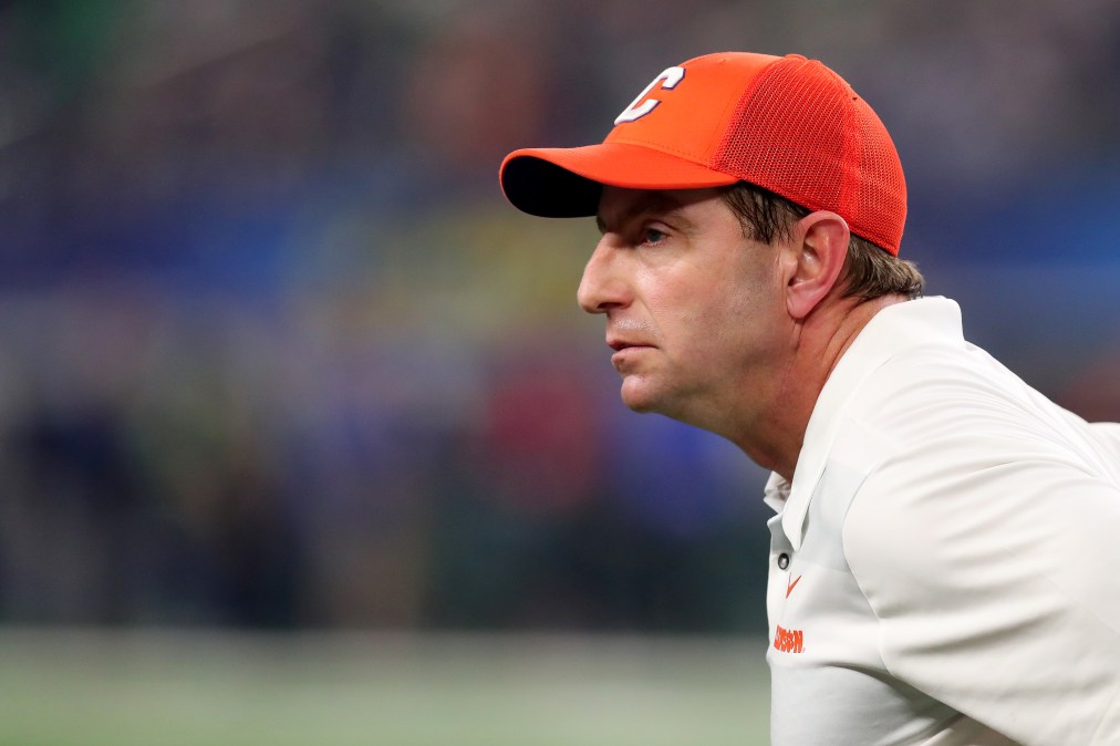 Head coach Dabo Swinney of the Clemson Tigers looks on in the first half against the Notre Dame Fighting Irish during the College Football Playoff Semifinal Goodyear Cotton Bowl Classic at AT&T Stadium on December 29, 2018 in Arlington, Texas.