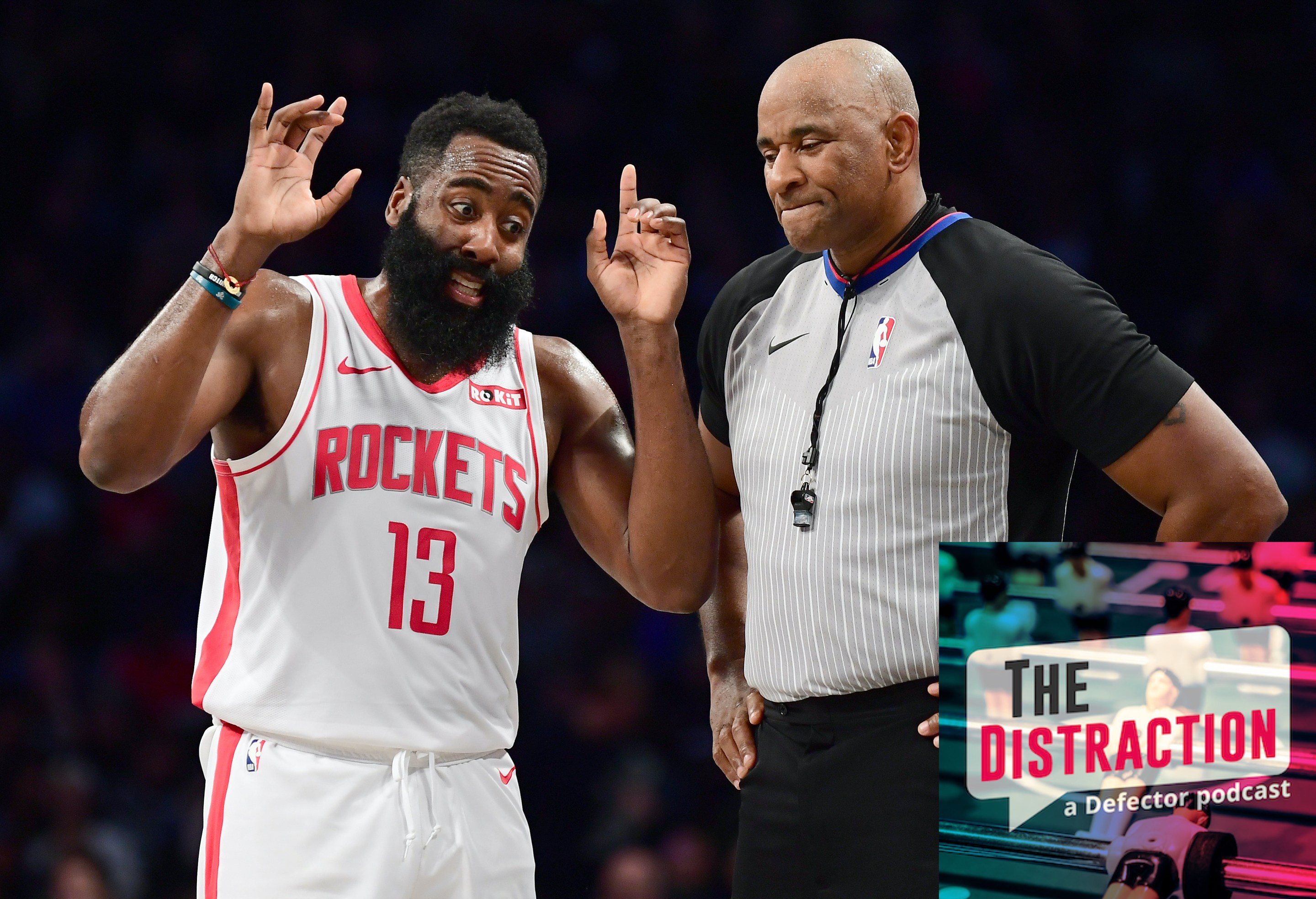 James Harden tells a referee what seems like a very interesting story.