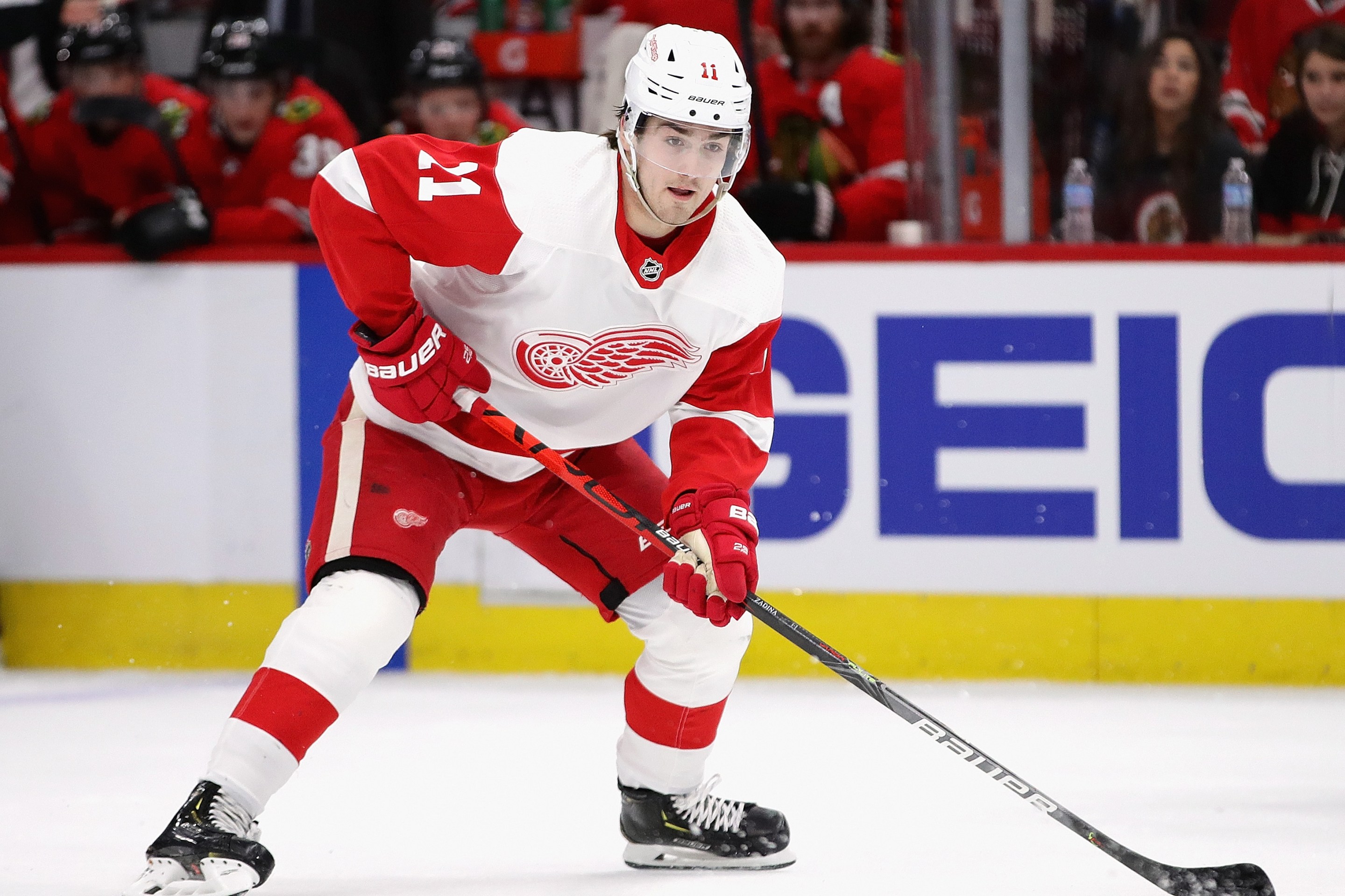 Filip Zadina #11 of the Detroit Red Wings controls the puck