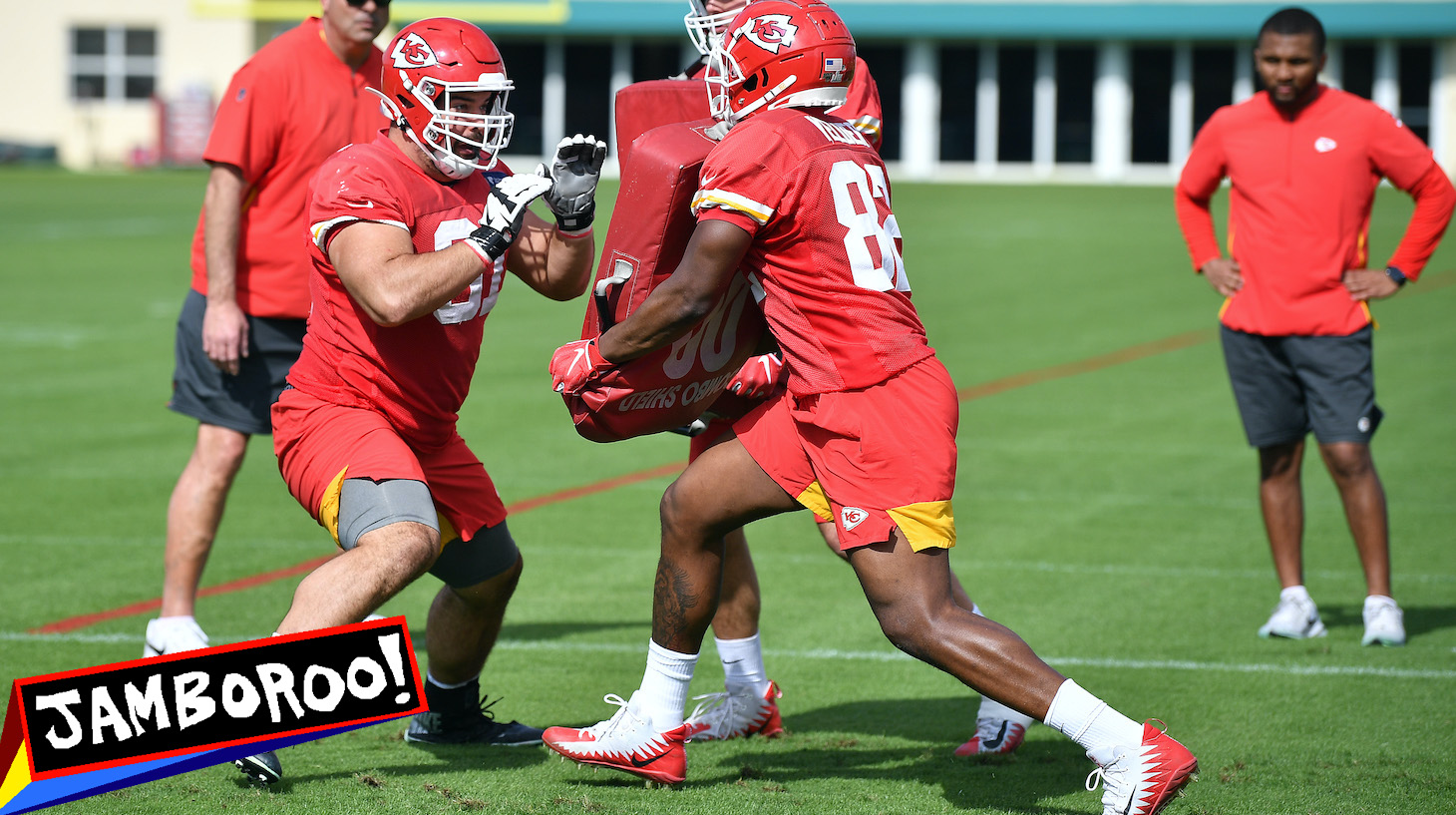 DAVIE, FLORIDA - JANUARY 30: Stefen Wisniewski #61 of the Kansas City Chiefs performs lineman drills during the Kansas City Chiefs practice prior to Super Bowl LIV at Baptist Health Training Facility at Nova Southern University on January 30, 2020 in Davie, Florida. (Photo by Mark Brown/Getty Images)