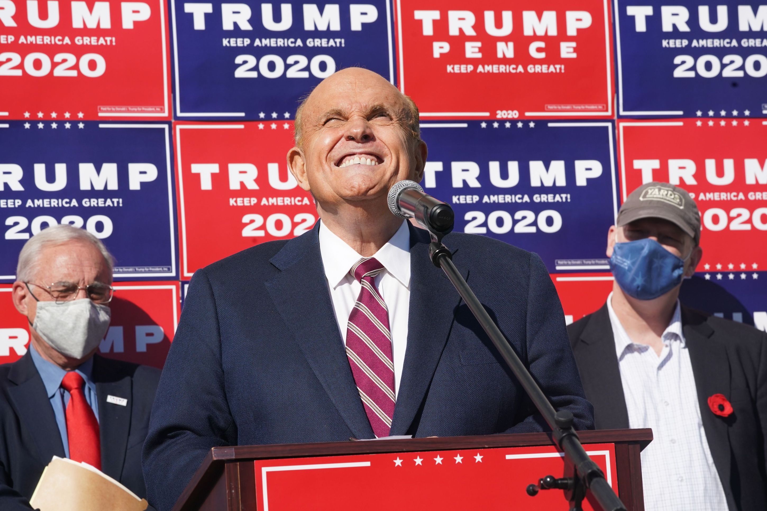 Attorney for the President, Rudy Giuliani, speaks at a news conference in the parking lot of a landscaping company on November 7, 2020 in Philadelphia.