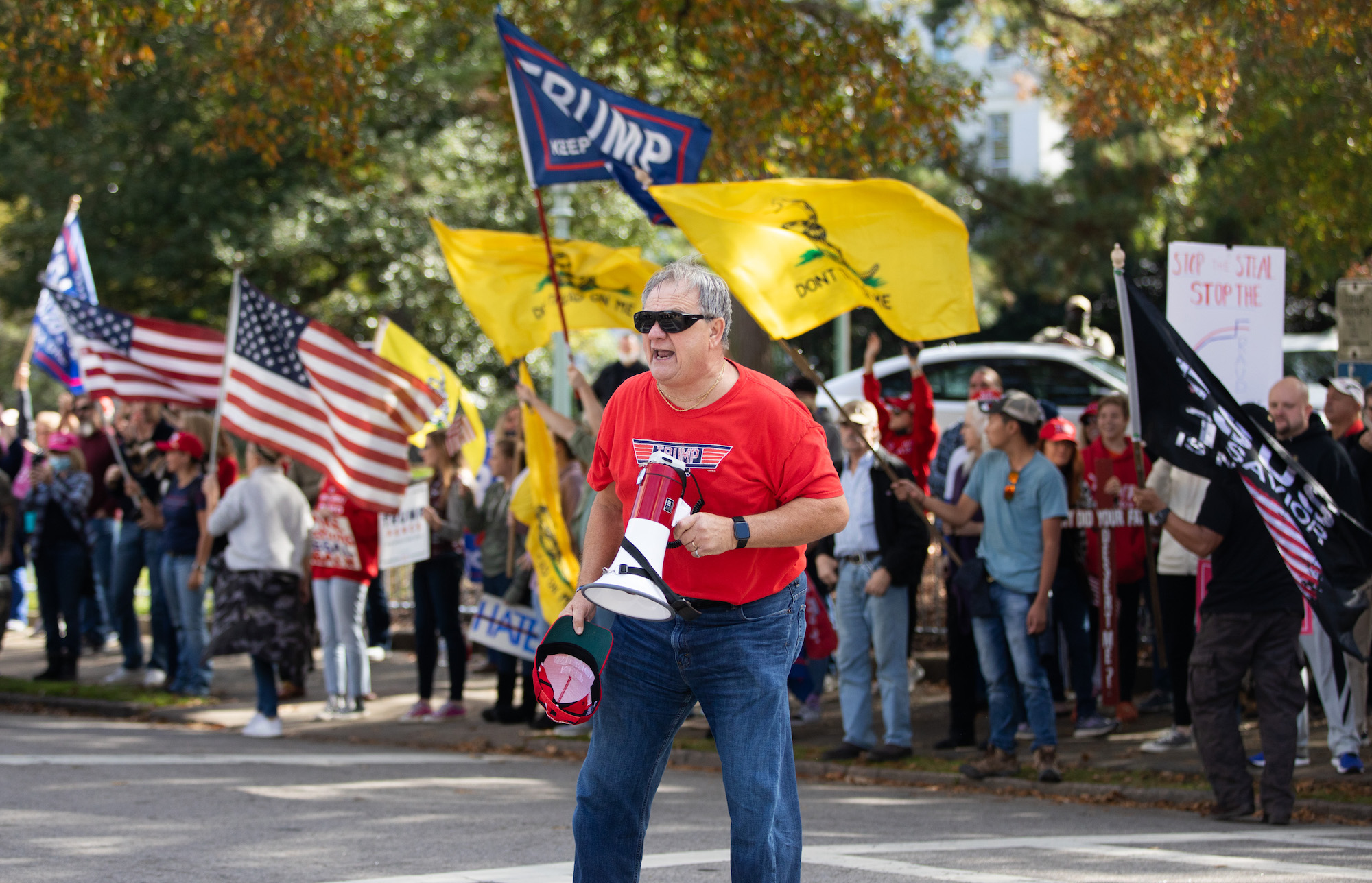Supporters of US President Donald Trump rally to protest results from the 2020 Presidential election in Raleigh, North Carolina, on November 14, 2020. - Trump supporters are rallying across the country to protest what the the President is calling rampant election fraud perpetrated by the Democratic Party to steal the election. (Photo by Logan Cyrus / AFP) (Photo by LOGAN CYRUS/AFP via Getty Images)