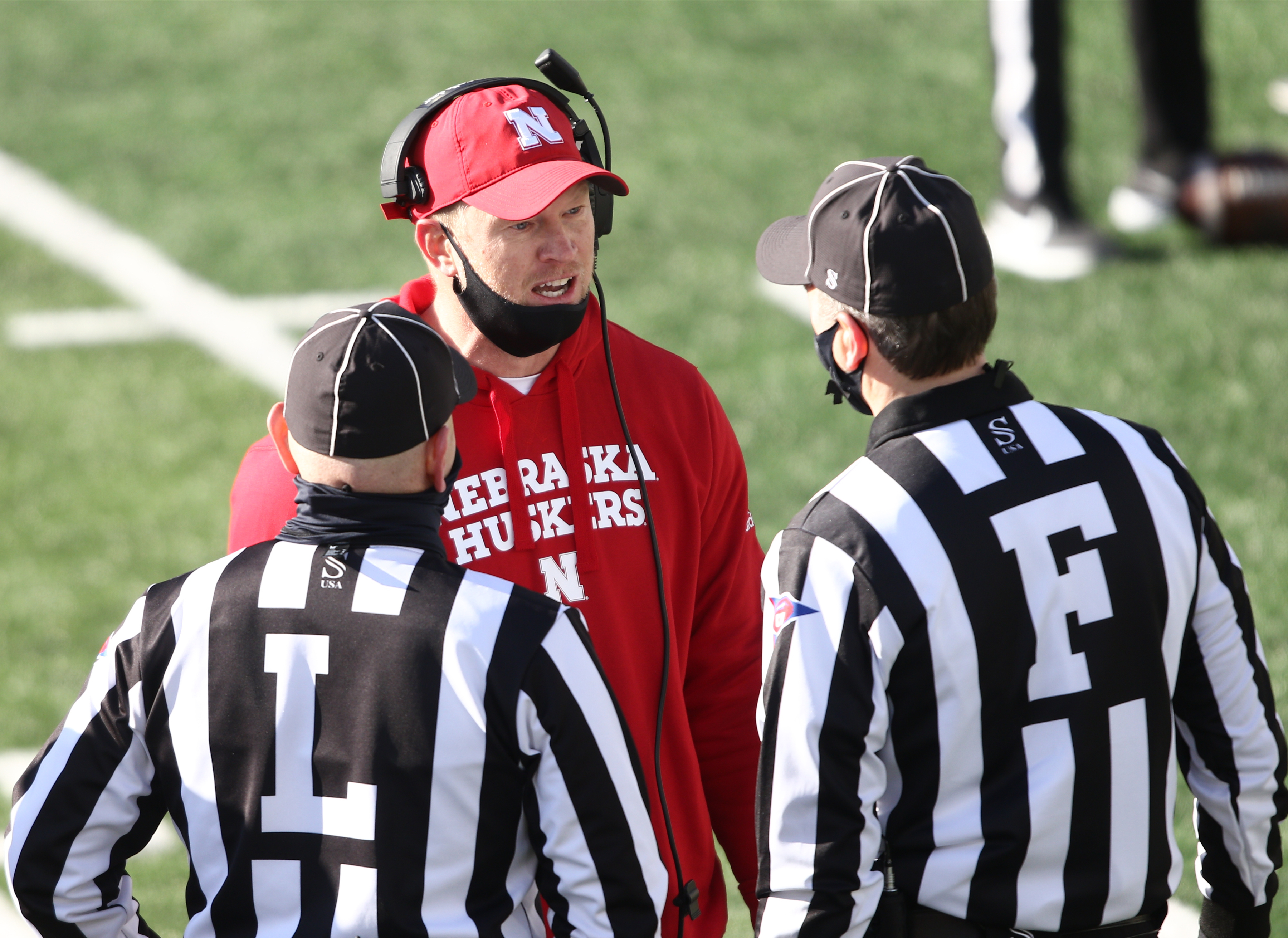Head coach Scott Frost of the Nebraska Cornhuskers argues a call in the first half against the Iowa Hawkeyes at Kinnick Stadium on November 27, 2020 in Iowa City, Iowa.