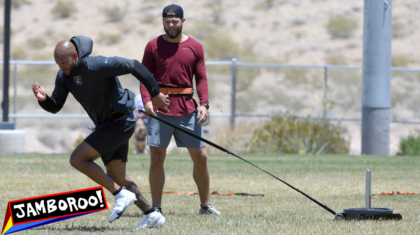 LAS VEGAS, NEVADA - JUNE 17: Linebacker Kyle Wilber (L) and safety Erik Harris of the Las Vegas Raiders work out in a park on June 17, 2020 in Las Vegas, Nevada. Training camp for all NFL teams is scheduled to start on July 28, depending on complications from the coronavirus pandemic. The Raiders plan on hosting their camp in the team's Headquarters/Intermountain Healthcare Performance Center that is nearing completion in Henderson, Nevada, this summer, instead of in Napa, California, amid the continuing spread of COVID-19. (Photo by Ethan Miller/Getty Images)