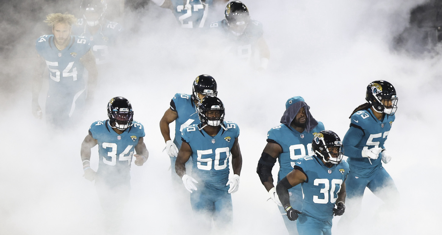 JACKSONVILLE, FLORIDA - SEPTEMBER 24: The Jacksonville Jaguars enter the field before the start of a game against the Miami Dolphins at TIAA Bank Field on September 24, 2020 in Jacksonville, Florida. (Photo by James Gilbert/Getty Images)