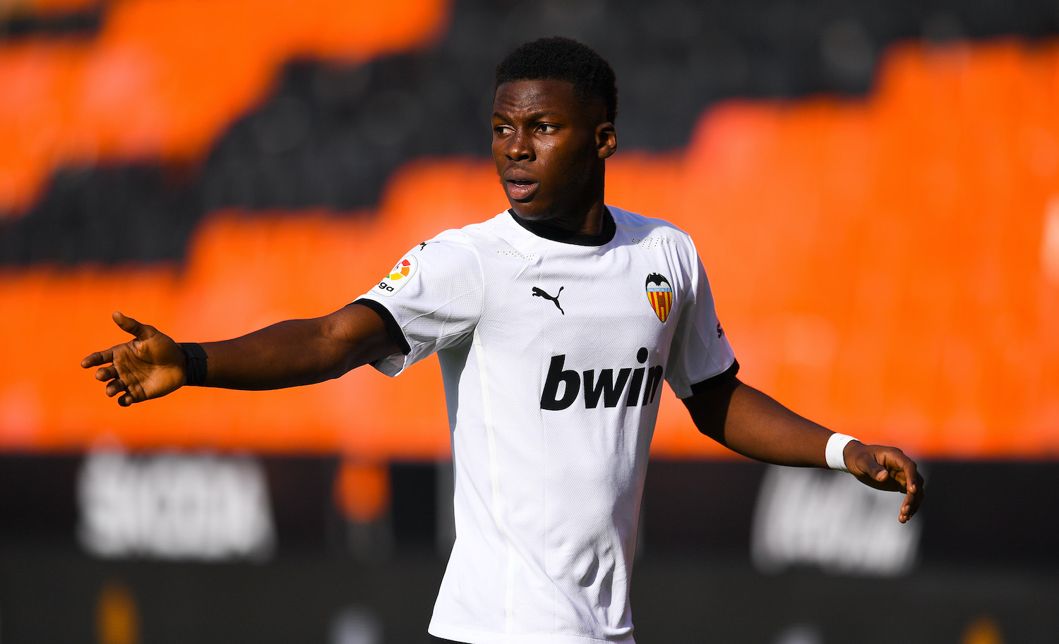VALENCIA, SPAIN - SEPTEMBER 26: Yunus Dimioara Musah of Valencia CF looks on during the La Liga Santader match between Valencia CF and SD Huesca at Estadio Mestalla on September 26, 2020 in Valencia, Spain. (Photo by David Ramos/Getty Images)