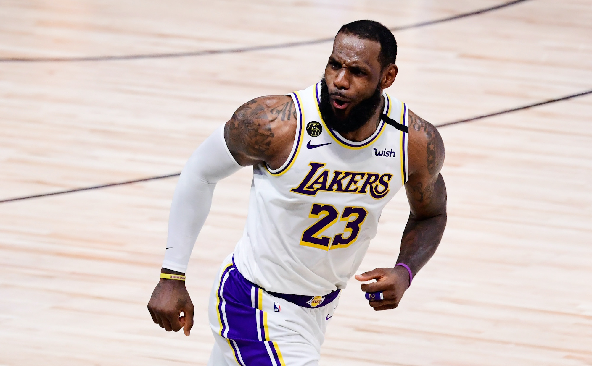 LAKE BUENA VISTA, FLORIDA - OCTOBER 11: LeBron James #23 of the Los Angeles Lakers reacts during the fourth quarter against the Miami Heat in Game Six of the 2020 NBA Finals at AdventHealth Arena at the ESPN Wide World Of Sports Complex on October 11, 2020 in Lake Buena Vista, Florida. NOTE TO USER: User expressly acknowledges and agrees that, by downloading and or using this photograph, User is consenting to the terms and conditions of the Getty Images License Agreement. (Photo by Douglas P. DeFelice/Getty Images)