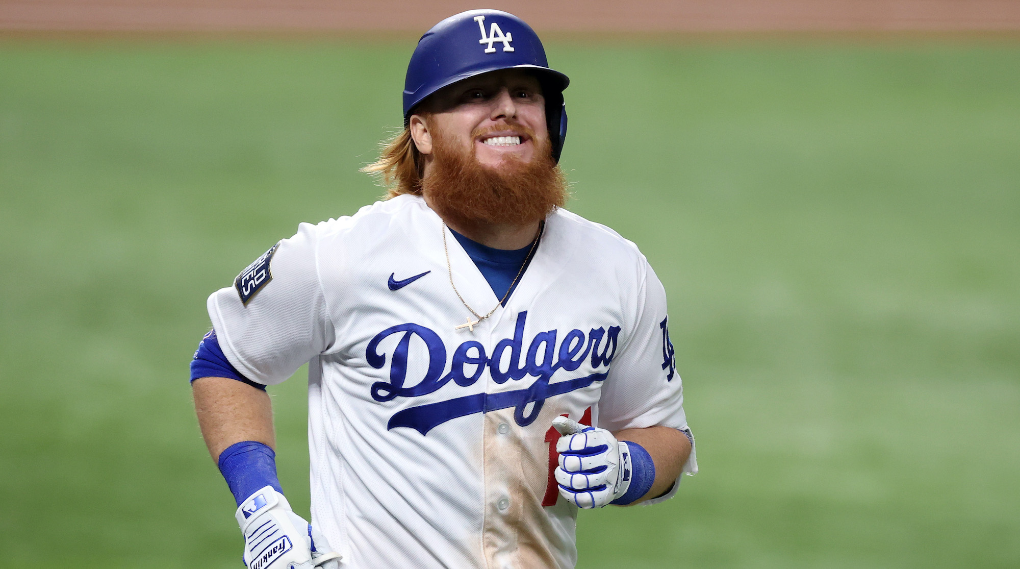 ARLINGTON, TEXAS - OCTOBER 27: Justin Turner #10 of the Los Angeles Dodgers reacts after flying out against the Tampa Bay Rays during the sixth inning in Game Six of the 2020 MLB World Series at Globe Life Field on October 27, 2020 in Arlington, Texas. (Photo by Tom Pennington/Getty Images)