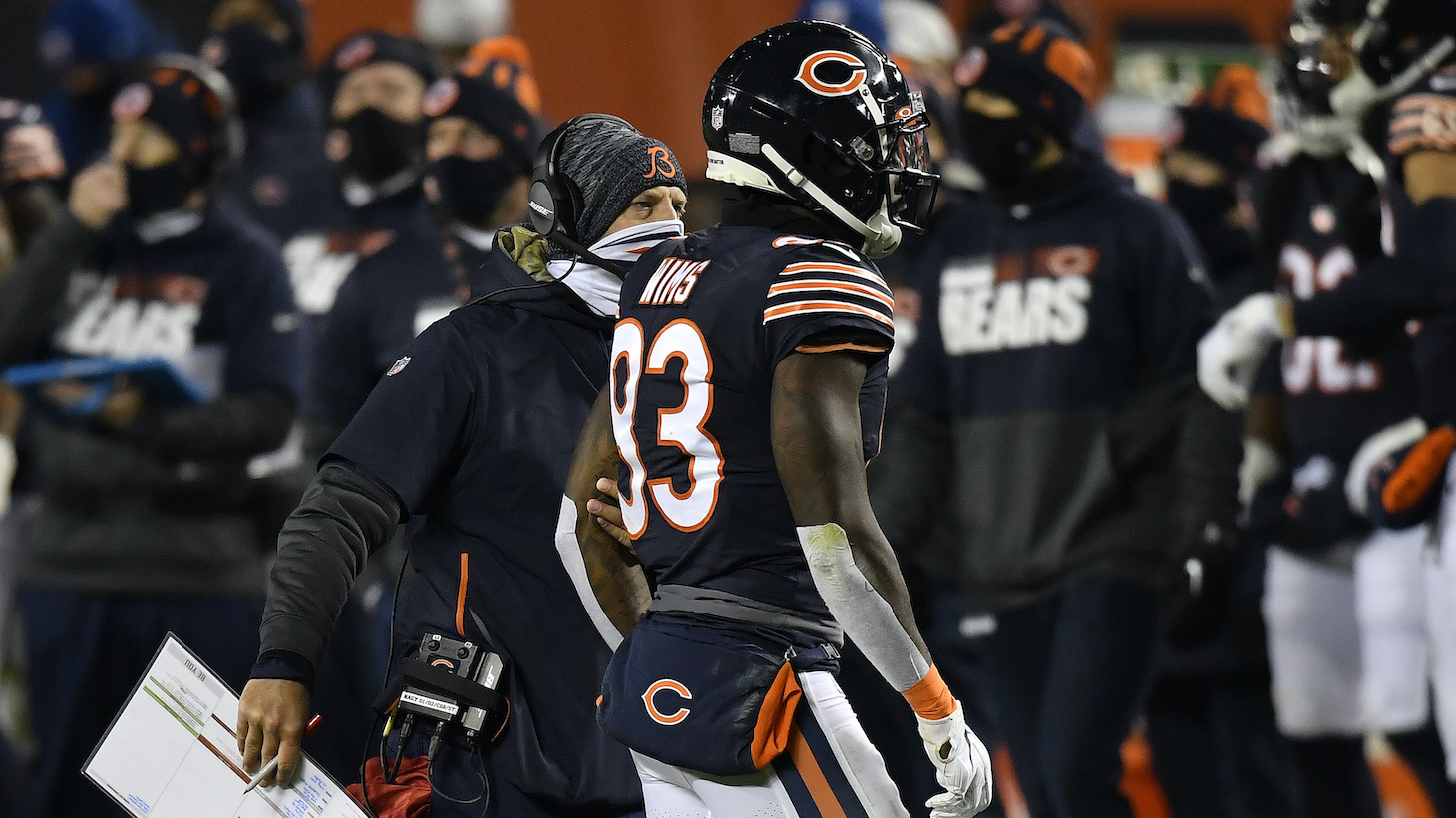CHICAGO, ILLINOIS - NOVEMBER 01: Head coach Matt Nagy talks with Javon Wims #83 of the Chicago Bears after he was disqualified from the game against the New Orleans Saints in the second half at Soldier Field on November 01, 2020 in Chicago, Illinois. (Photo by Quinn Harris/Getty Images)