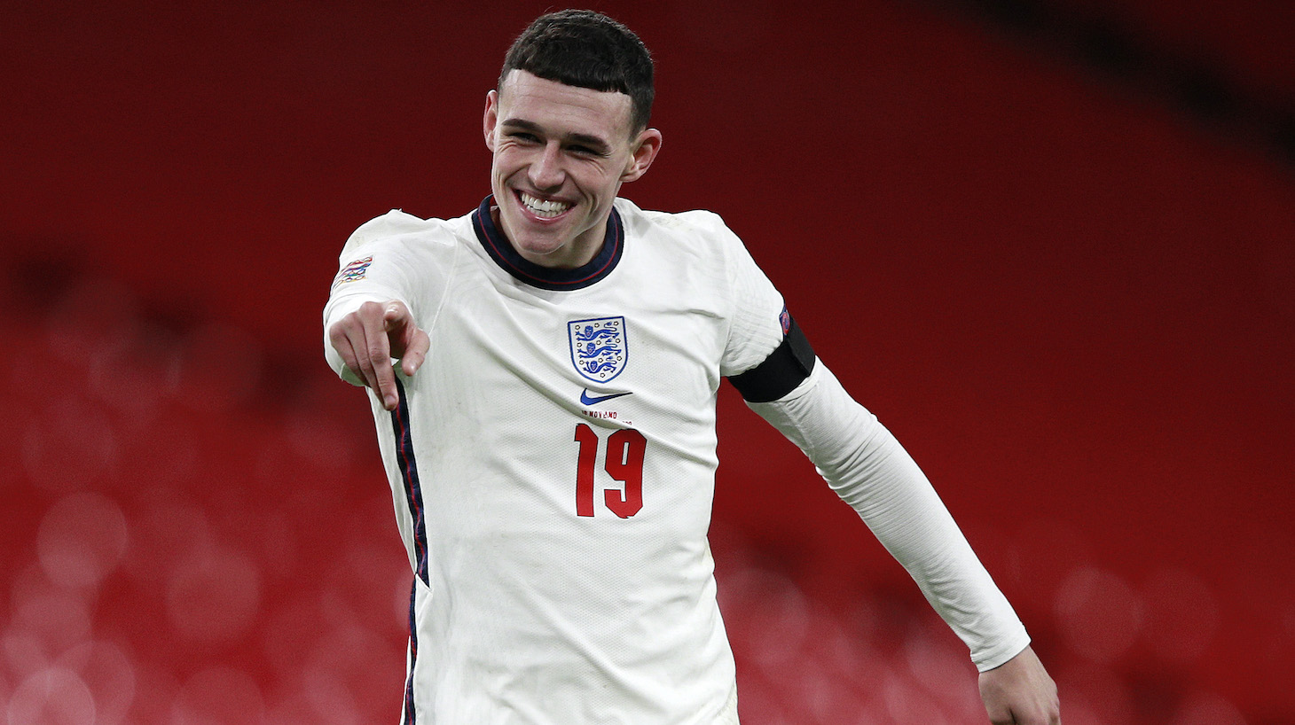 Phil Foden of England celebrates after scoring their team's third goal during the UEFA Nations League group stage match between England and Iceland at Wembley Stadium on November 18, 2020 in London, England. Football Stadiums around Europe remain empty due to the Coronavirus Pandemic as Government social distancing laws prohibit fans inside venues resulting in fixtures being played behind closed doors.