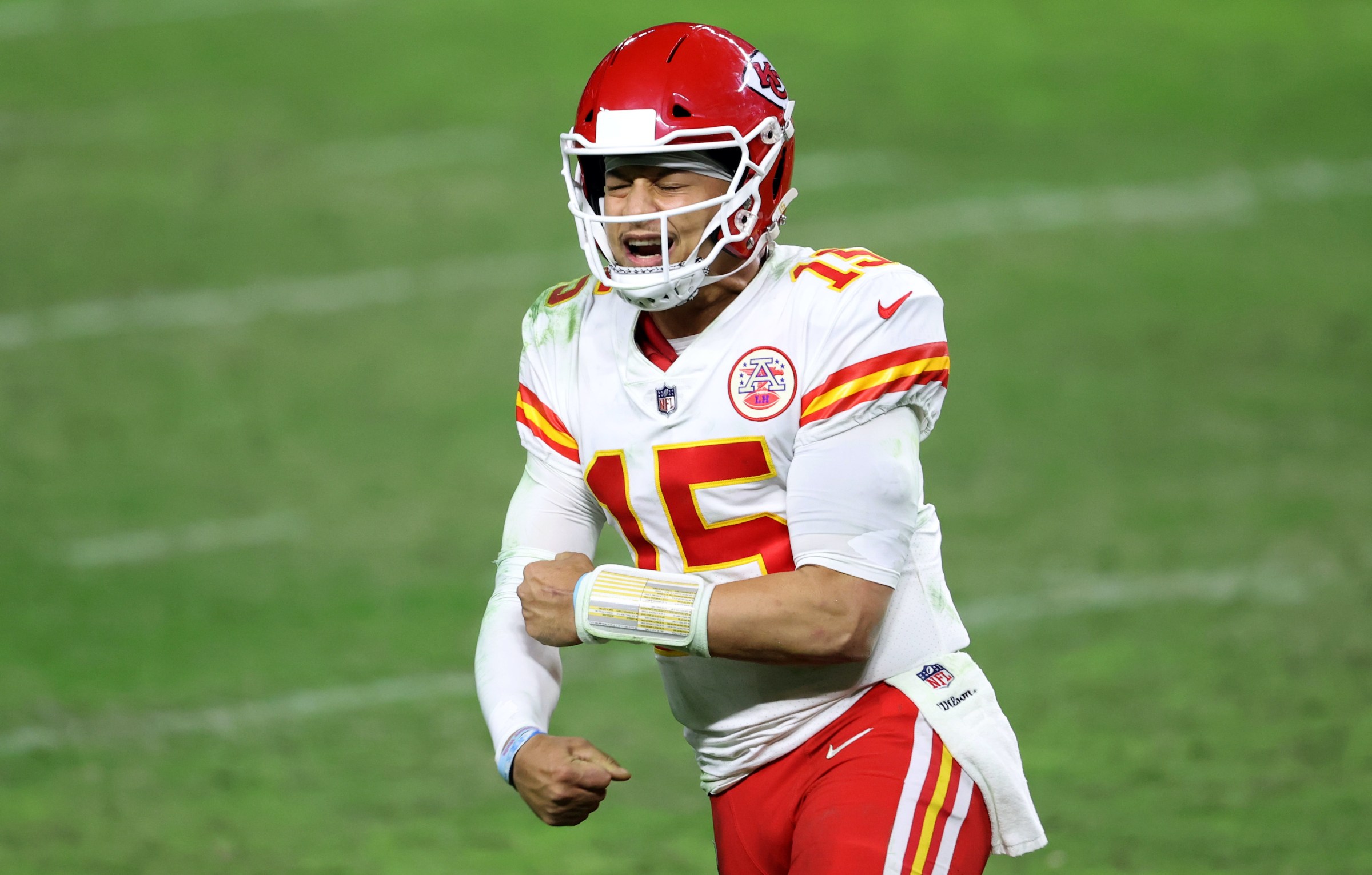Quarterback Patrick Mahomes #15 reacts after a game winning touchdown pass to tight end Travis Kelce #87 of the Kansas City Chiefs during the second half of an NFL game against the Las Vegas Raiders at Allegiant Stadium on November 22, 2020 in Las Vegas, Nevada.