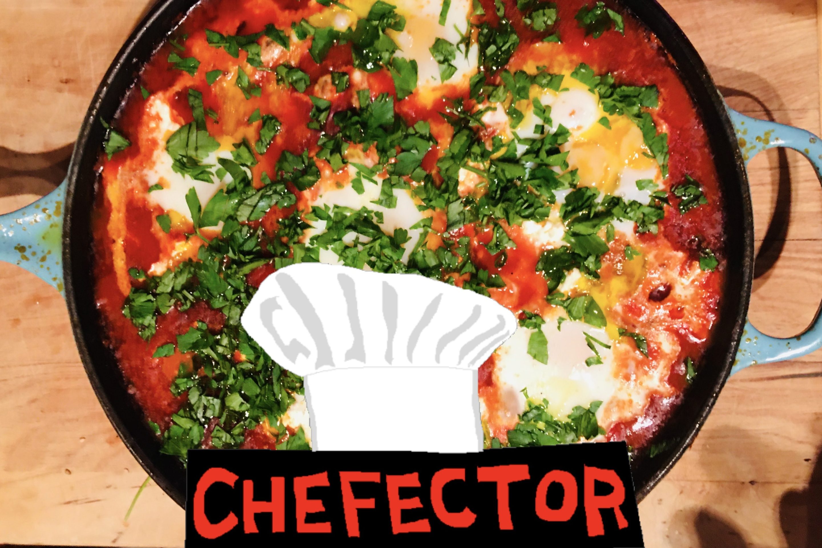 A pan of shakshouka, eggs poached in tomatoes and peppers