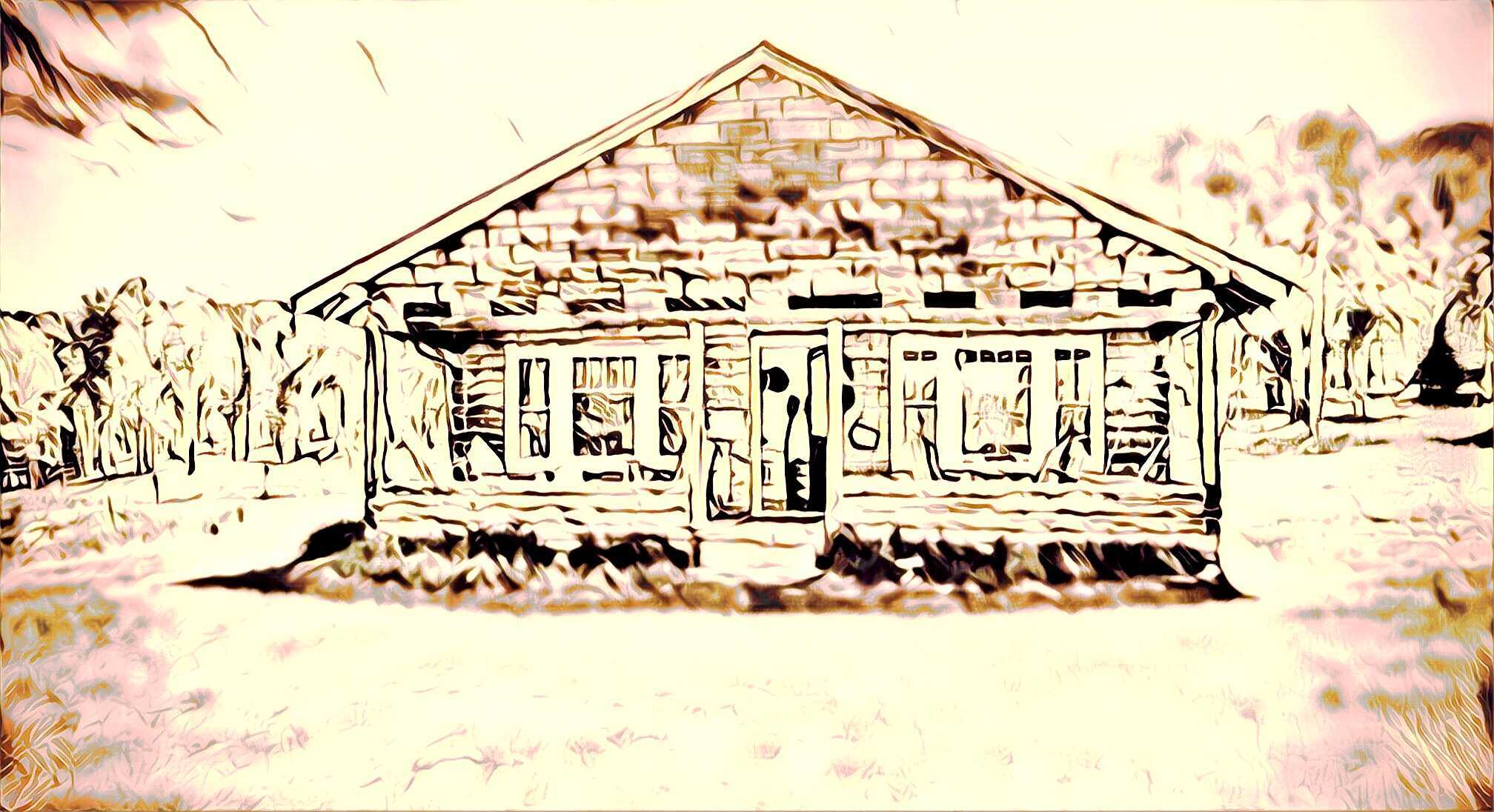 An overexposed artist's rendering of a cabin with a porch