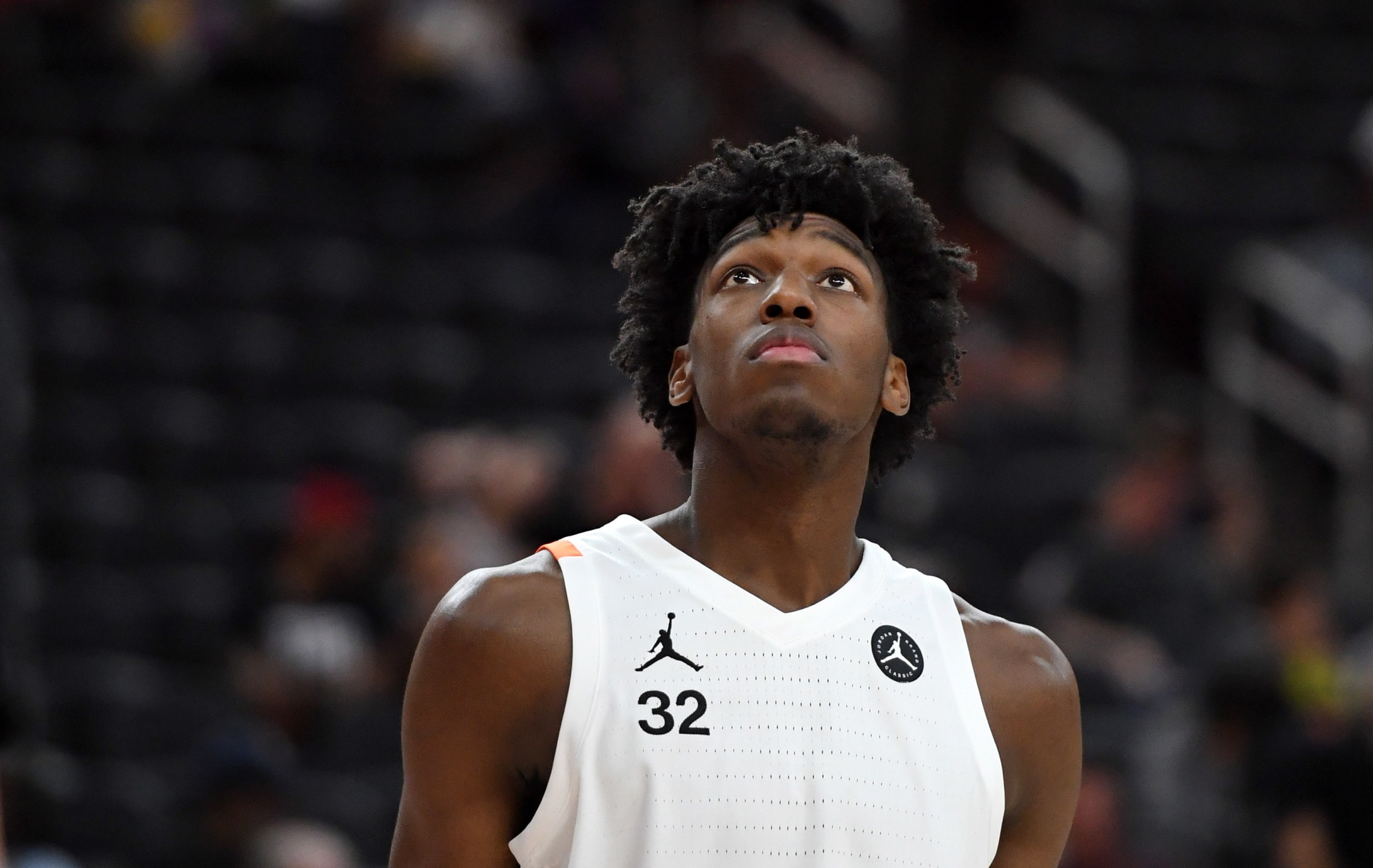 Projected 2020 lottery pick James Wiseman looks up.