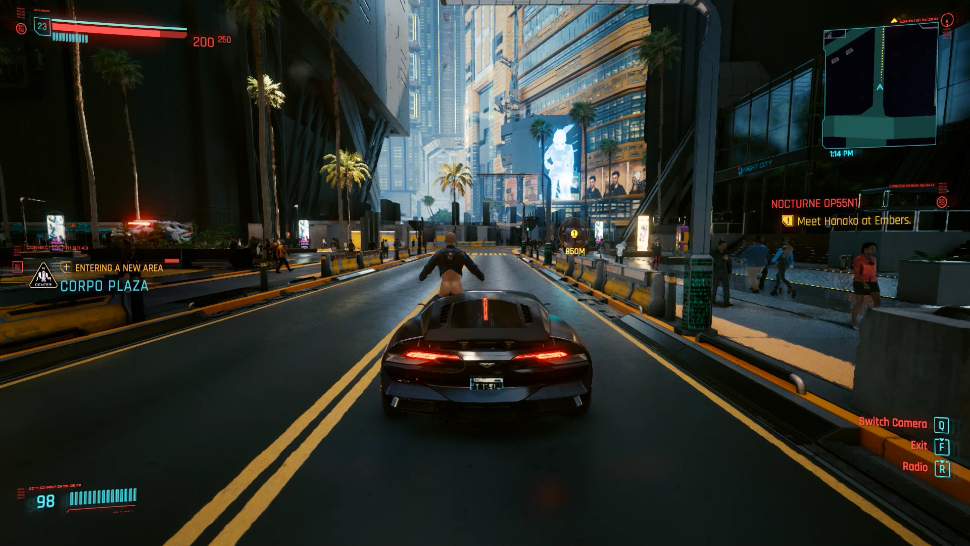 One of Cyberpunk 2077's many glitches, a man riding naked on top of a car