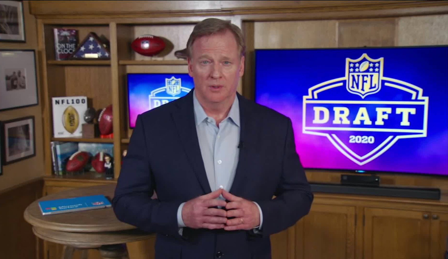 In this still image from video provided by the NFL, NFL Commissioner Roger Goodell during the NFL football draft Thursday, April 23, 2020. (NFL via AP)