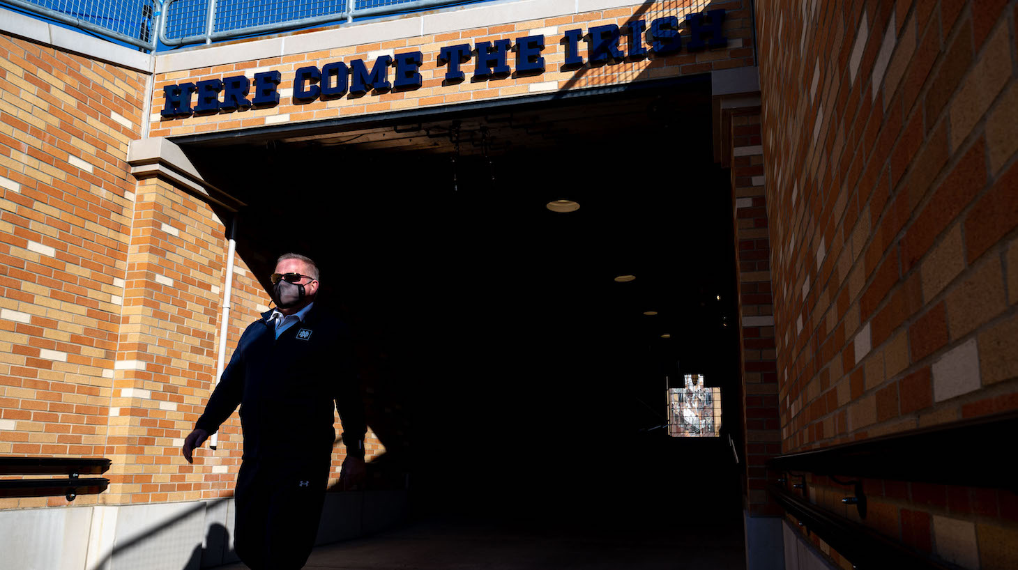 SOUTH BEND, INDIANA - NOVEMBER 07: Notre Dame head football coach Brian Kelly enters Notre Dame Stadium for an interview on a live broadcast of ESPN College Gameday from Notre Dame Stadium before the game between the Notre Dame Fighting Irish and the Clemson Tigers on November 7, 2020 in South Bend, Indiana. (Photo by Matt Cashore-Pool/Getty Images)