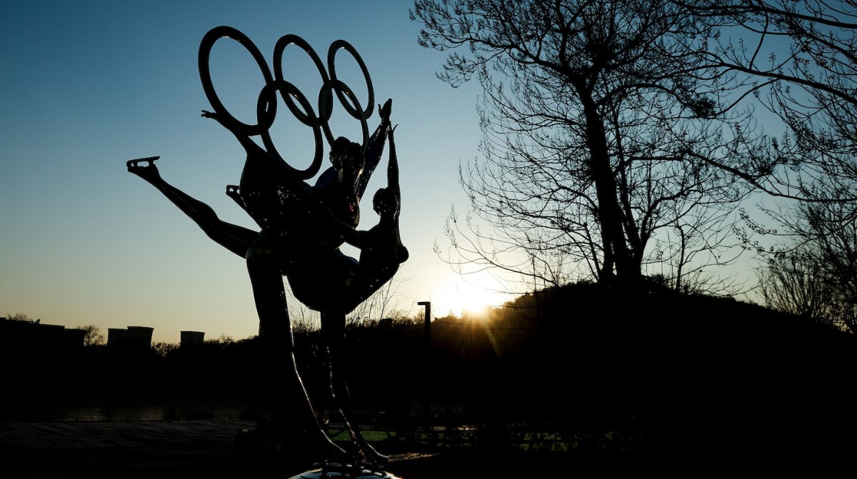 BEIJING, CHINA - DECEMBER 16: A sculpture depicts Olympic figure skaters for the 2022 Beijing Winter Olympics at Shougang Park on December 16, 2020 in Beijing, China. The organizing committee introduced the latest progress of the Olympic venues, all competition venues will be completed this year. (Photo by Lintao Zhang/Getty Images)