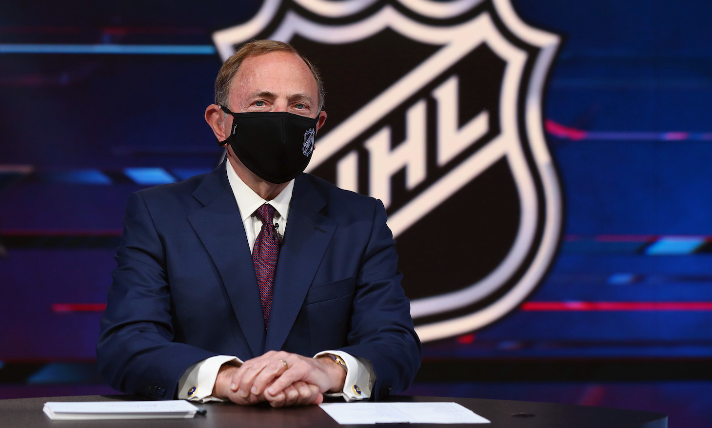 SECAUCUS, NEW JERSEY - OCTOBER 06: NHL commissioner Gary Bettman prepares for the first round of the 2020 National Hockey League Draft at the NHL Network Studio on October 06, 2020 in Secaucus, New Jersey. (Photo by Mike Stobe/Getty Images)