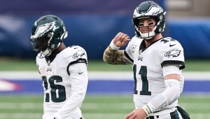 EAST RUTHERFORD, NEW JERSEY - NOVEMBER 15: Carson Wentz #11 of the Philadelphia Eagles reacts during the first half against the New York Giants at MetLife Stadium on November 15, 2020 in East Rutherford, New Jersey. (Photo by Elsa/Getty Images)
