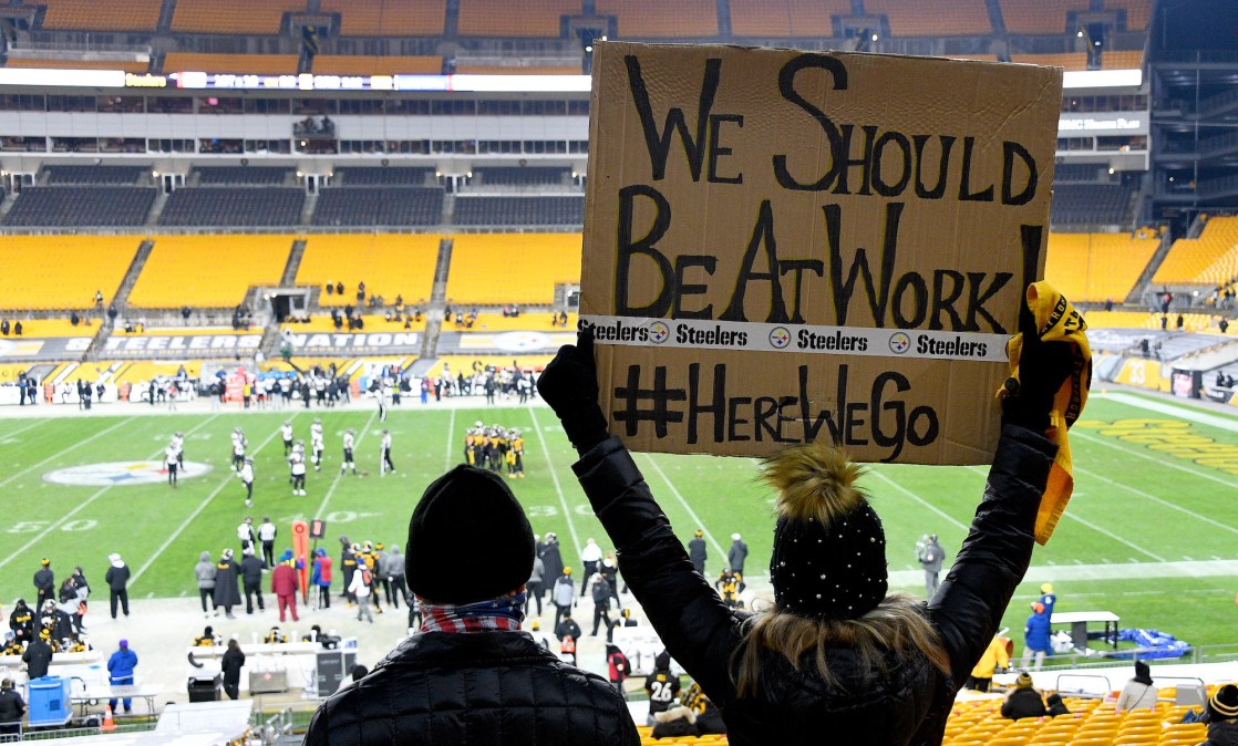 PITTSBURGH, PENNSYLVANIA - DECEMBER 02: A fan displays a sign during the third quarter of a game between the Pittsburgh Steelers and Baltimore Ravens at Heinz Field on December 02, 2020 in Pittsburgh, Pennsylvania. (Photo by Joe Sargent/Getty Images)