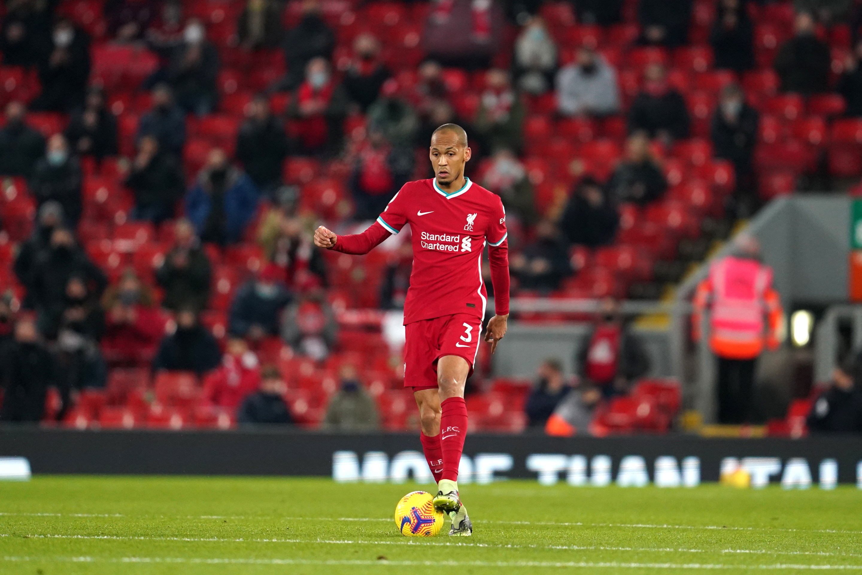 Fabinho of Liverpool in action during the Premier League match between Liverpool and Wolverhampton Wanderers at Anfield on December 06, 2020 in Liverpool, England.