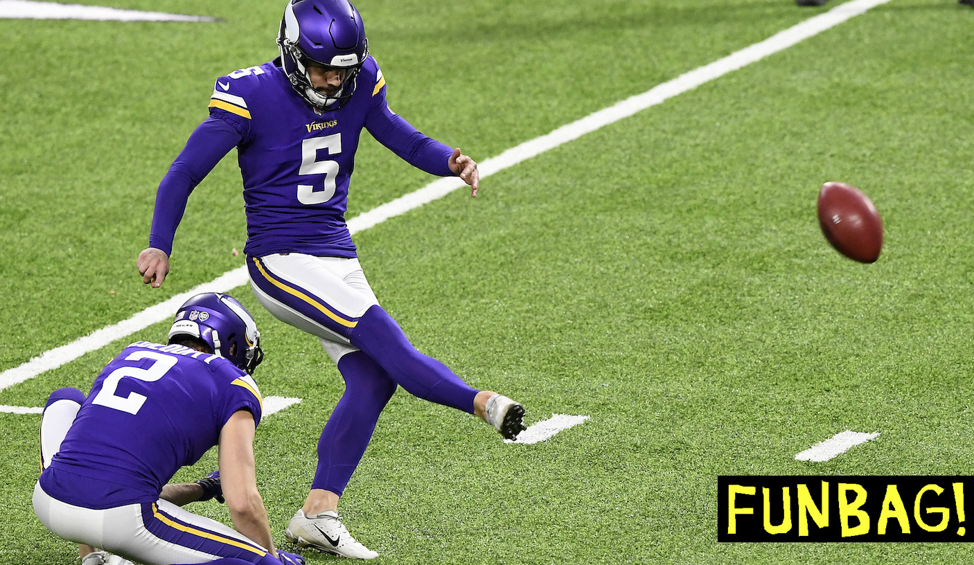 MINNEAPOLIS, MINNESOTA - DECEMBER 06: Dan Bailey #5 of the Minnesota Vikings kicked the game winning field goal to give the Vikings the 27-24 win over the Jacksonville Jaguars in overtime at U.S. Bank Stadium on December 06, 2020 in Minneapolis, Minnesota. (Photo by Hannah Foslien/Getty Images)