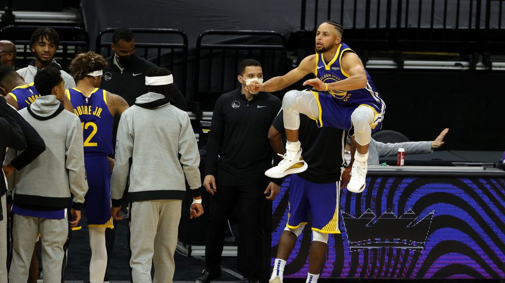 Stephen Curry of the Golden State Warriors jumps very high