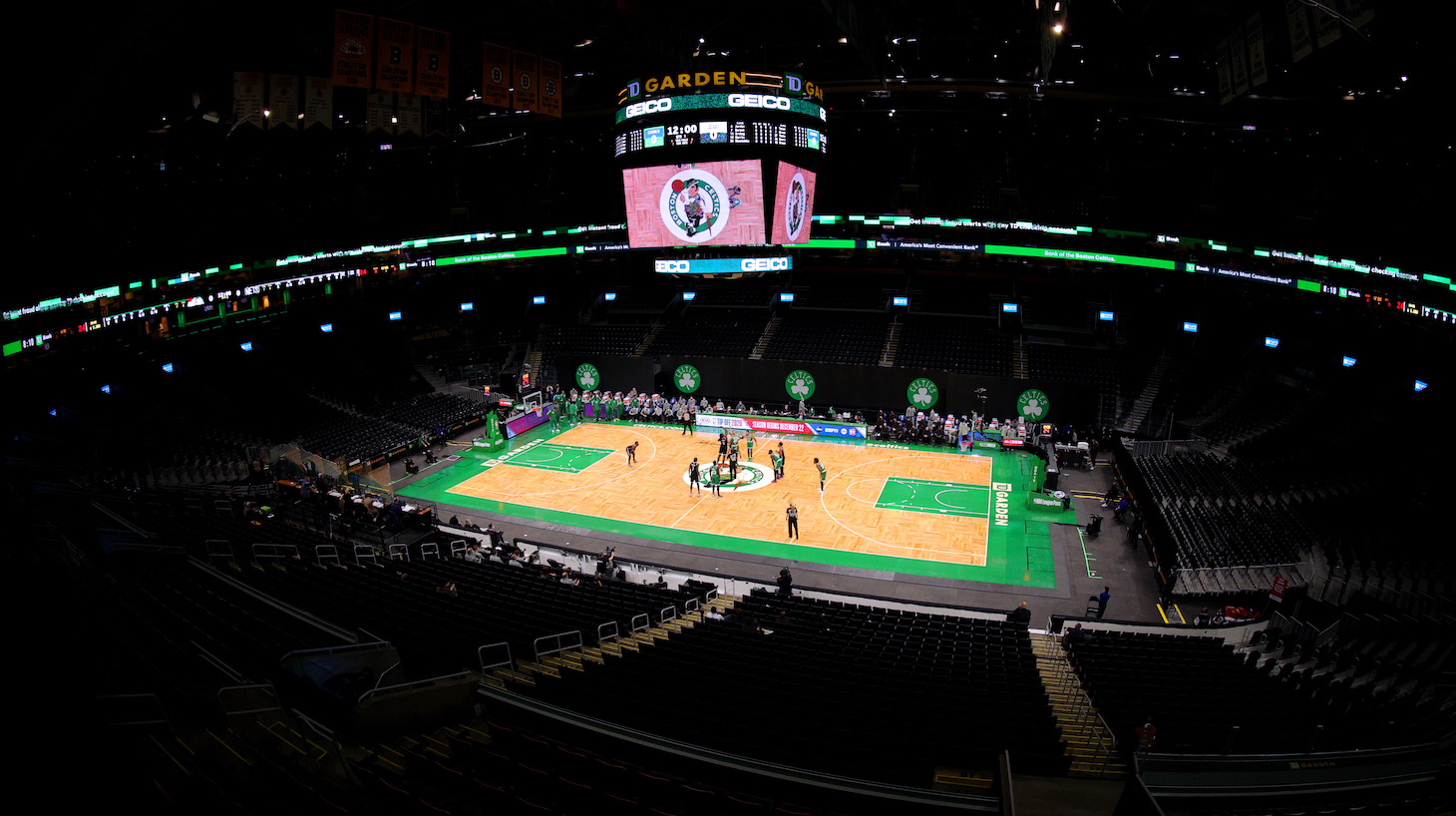 BOSTON, MASSACHUSETTS - DECEMBER 18: A general view inside TD Garden during the preseason game between the Boston Celtics and the Brooklyn Nets on December 18, 2020 in Boston, Massachusetts. NOTE TO USER: User expressly acknowledges and agrees that, by downloading and or using this photograph, User is consenting to the terms and conditions of the Getty Images License Agreement. (Photo by Maddie Meyer/Getty Images)