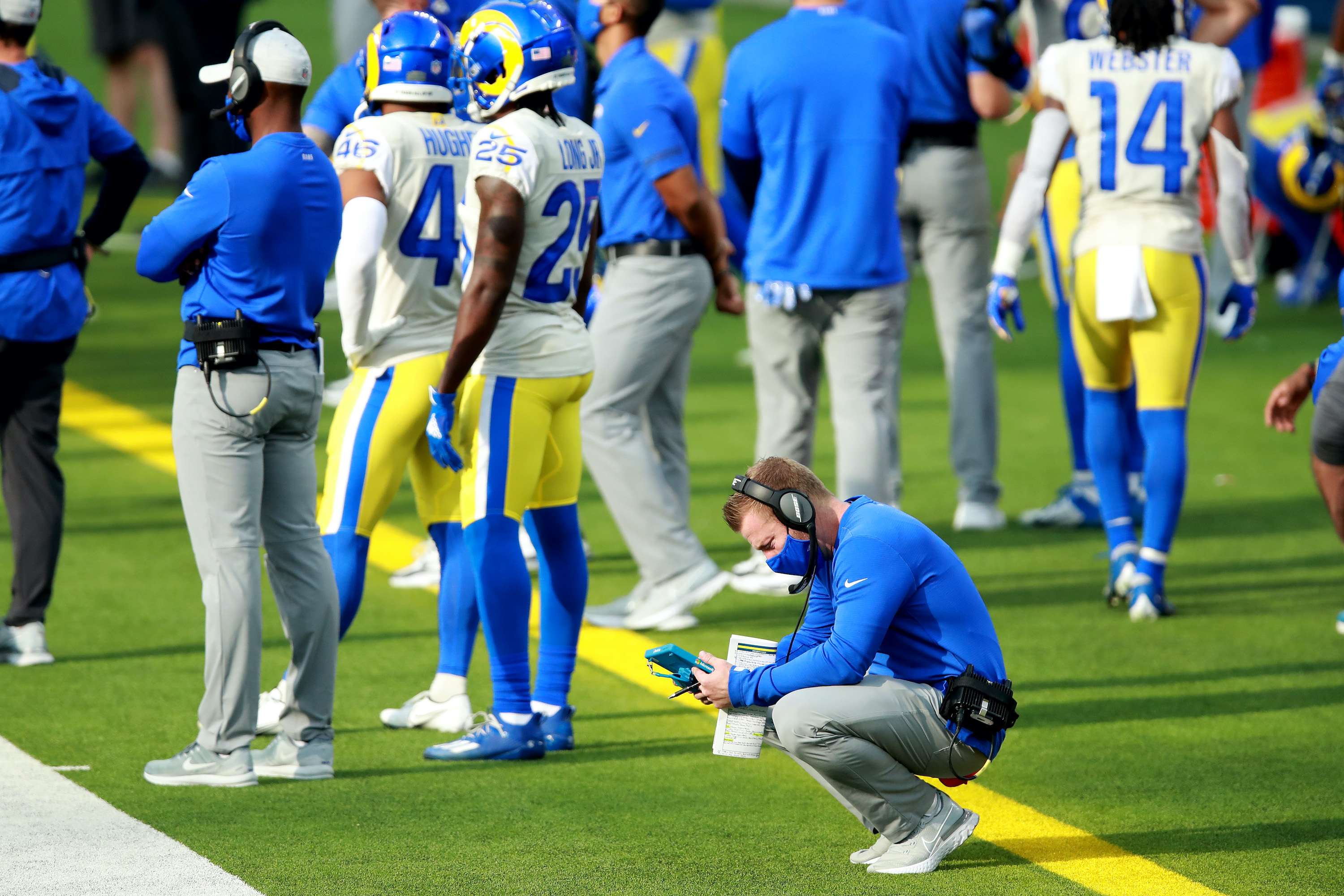 Head coach Sean McVay of the Los Angeles Rams watches a replay during the second quarter of a game against the New York Jets at SoFi Stadium on December 20, 2020 in Inglewood, California.