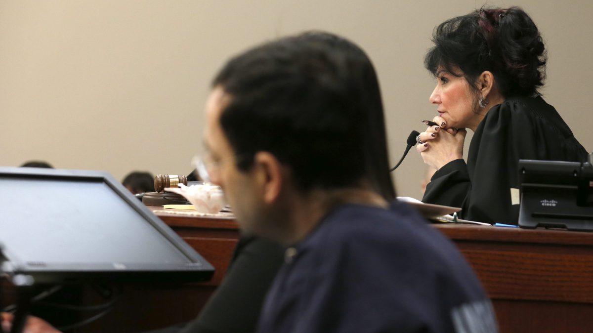 Judge Rosemarie Aquilina watches as Former Michigan State University and USA Gymnastics doctor Larry Nassar listens to impact statements during the sentencing phase in Ingham County Circuit Court on January 24, 2018 in Lansing, Michigan.
