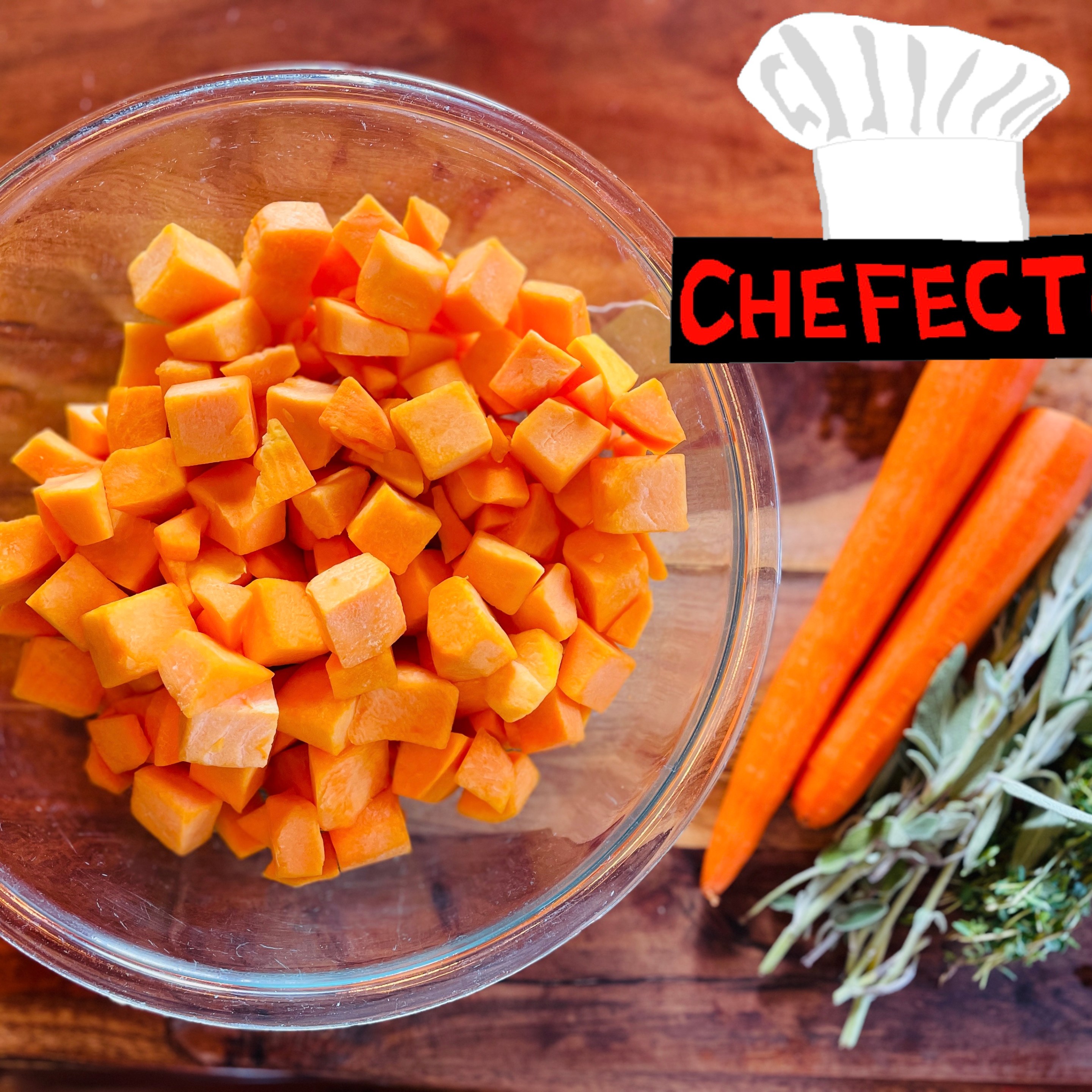 Squash hunks, carrots, herbs, on a wooden surface