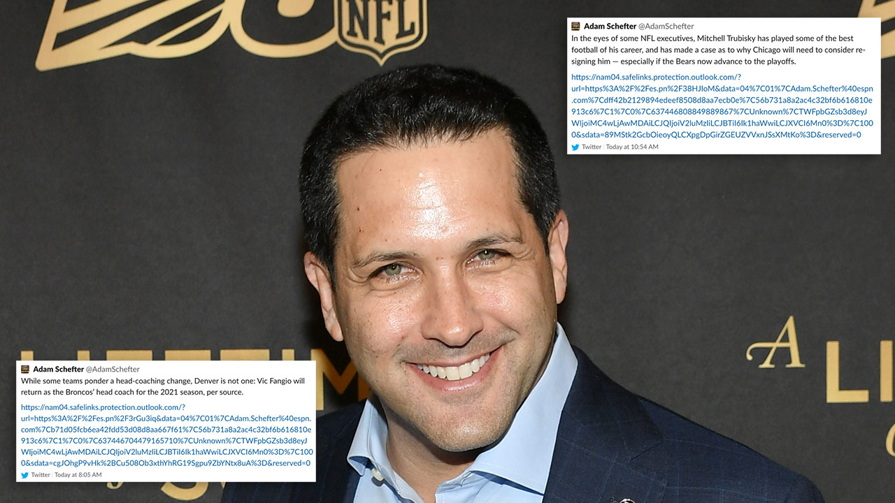 ESPN reporter Adam Schefter, with some tweets of his with really long links superimposed over it