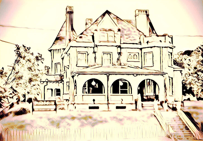 an overexposed rendering of a brick house with a big porch and two turrets