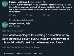 Dwayne Haskins apologizes for "putting the team at risk" by ignoring safety protocols while partying after Sunday's loss.
