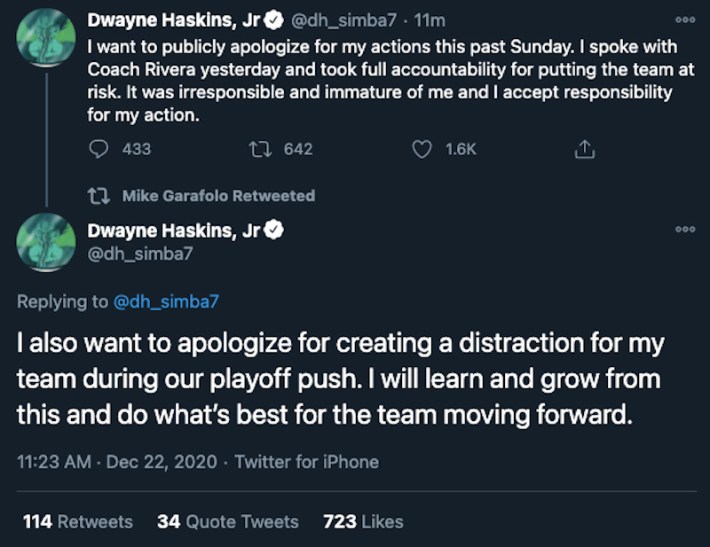 Dwayne Haskins apologizes for "putting the team at risk" by ignoring safety protocols while partying after Sunday's loss.