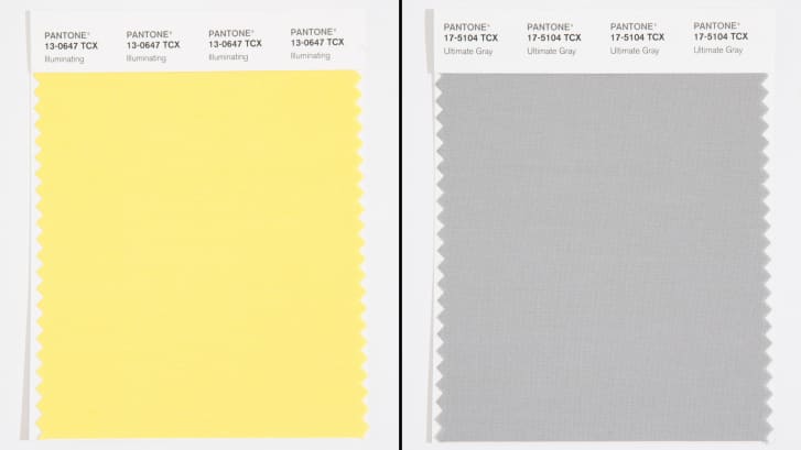 two color swatches, one a pale buttery yellow, the other an overcast gray