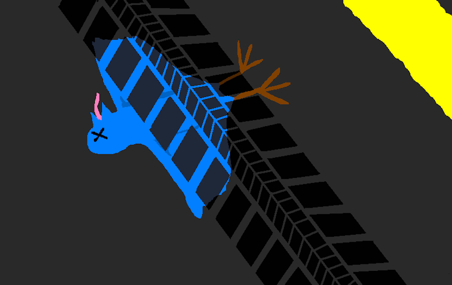 A cartoon image of a blue bird with X's for eyes and tire tracks across its body.