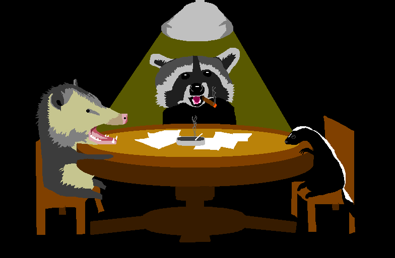 A cartoon possum, raccoon, and skunk huddle around a table.